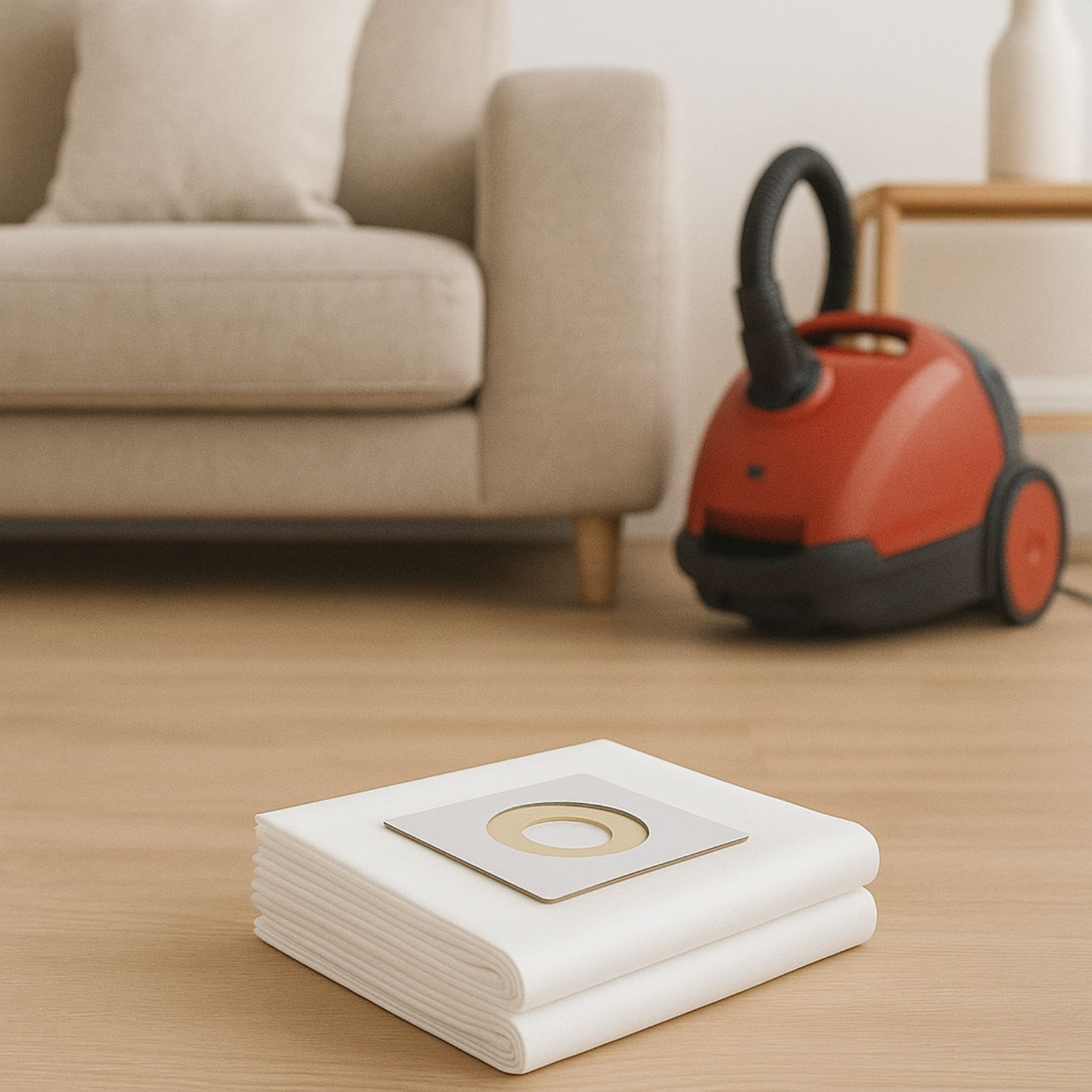 Staubbeutel im Vordergrund, ein roter Staubsauger und ein beiges Sofa stehen auf dem Holzboden im Wohnzimmer.