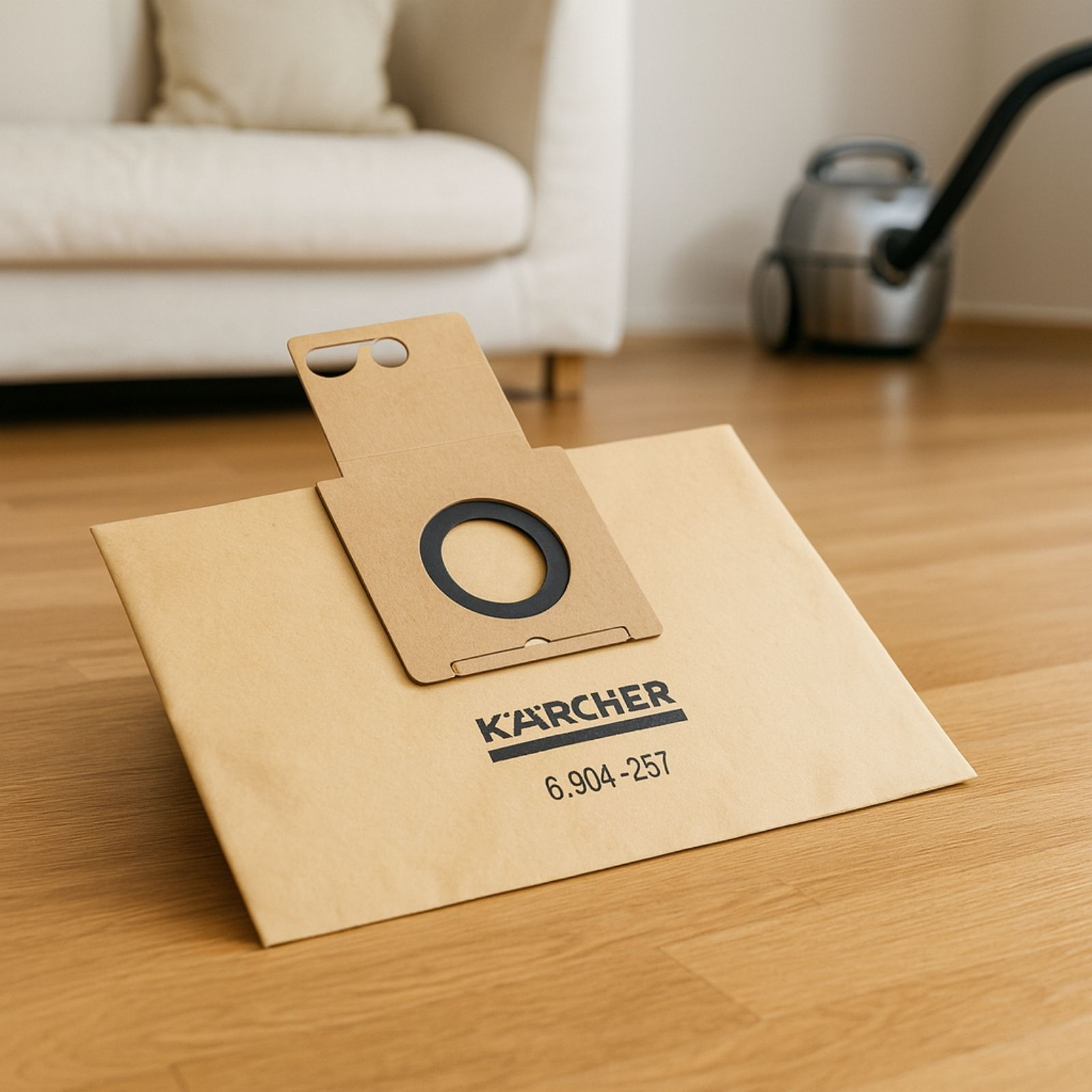Ein brauner Kärcher Staubsaugerbeutel liegt auf dem Holzfußboden, im Hintergrund ein weißes Sofa und Staubsauger.