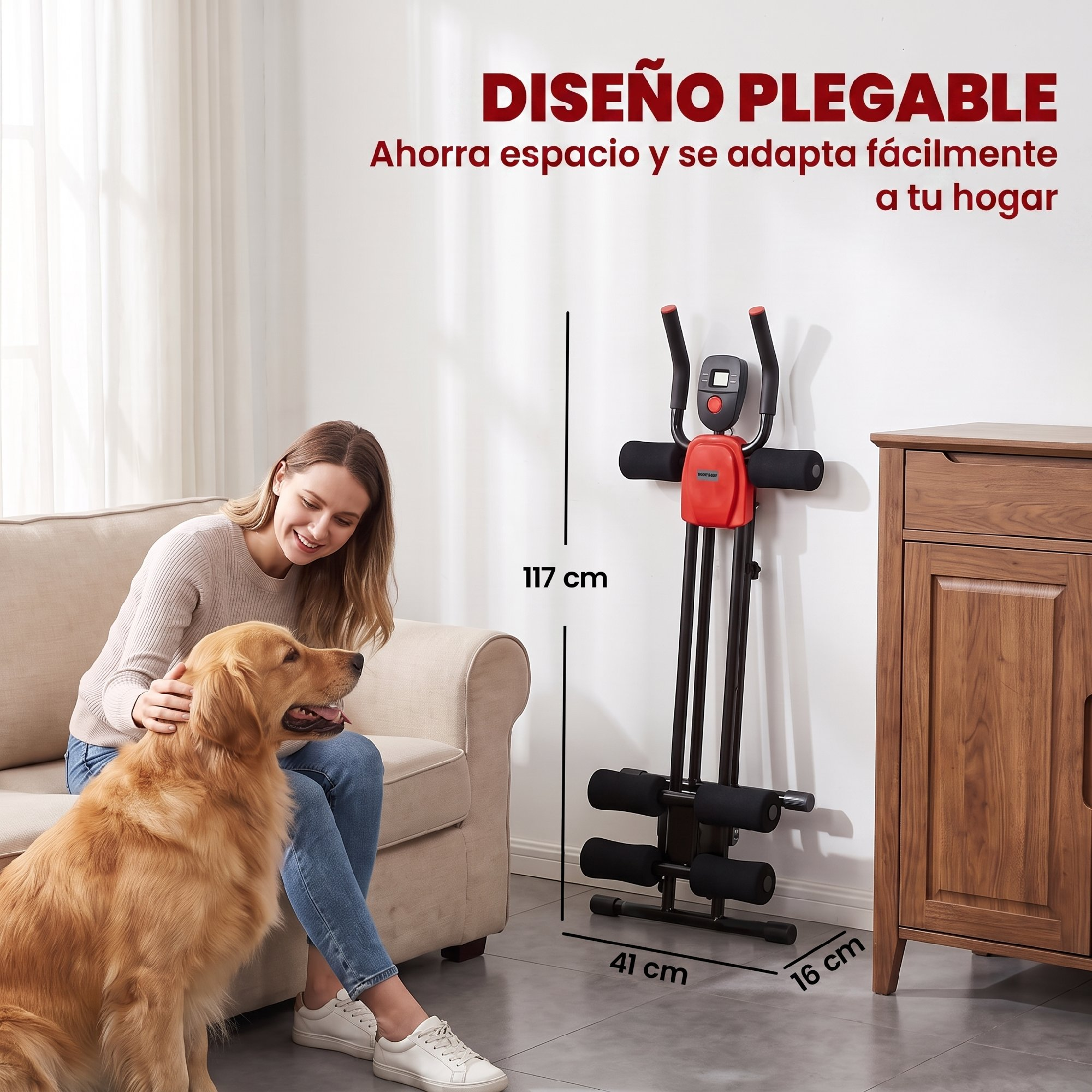 Una mujer acaricia a su perro en el sofá junto a una máquina de ejercicio plegable.