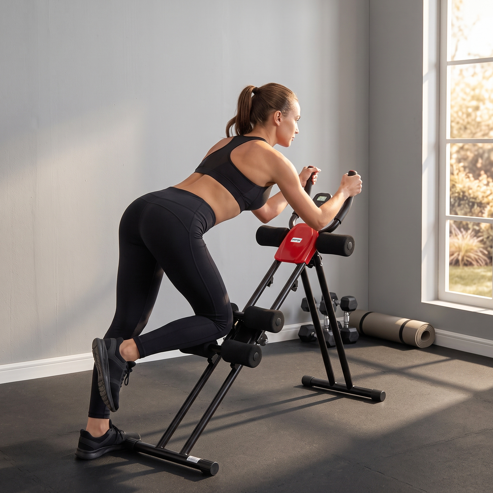 Una mujer con ropa deportiva negra hace ejercicio en una máquina de fitness roja y negra en una habitación luminosa.