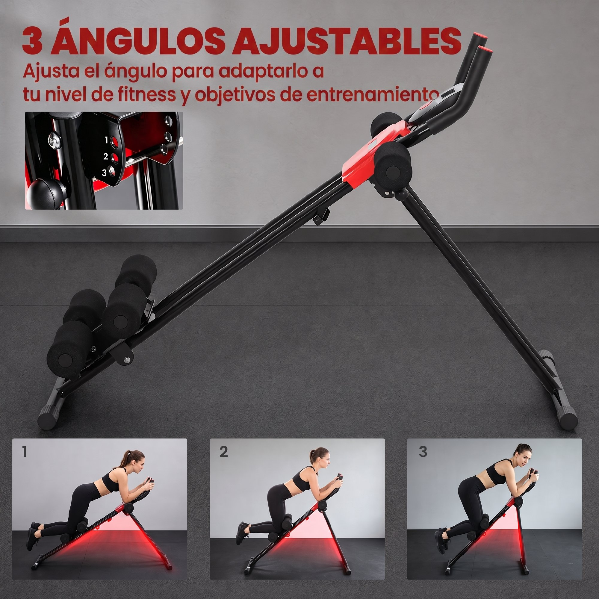 Equipo de fitness con tres ángulos ajustables, rodillos de espuma y gráficos que muestran su uso.