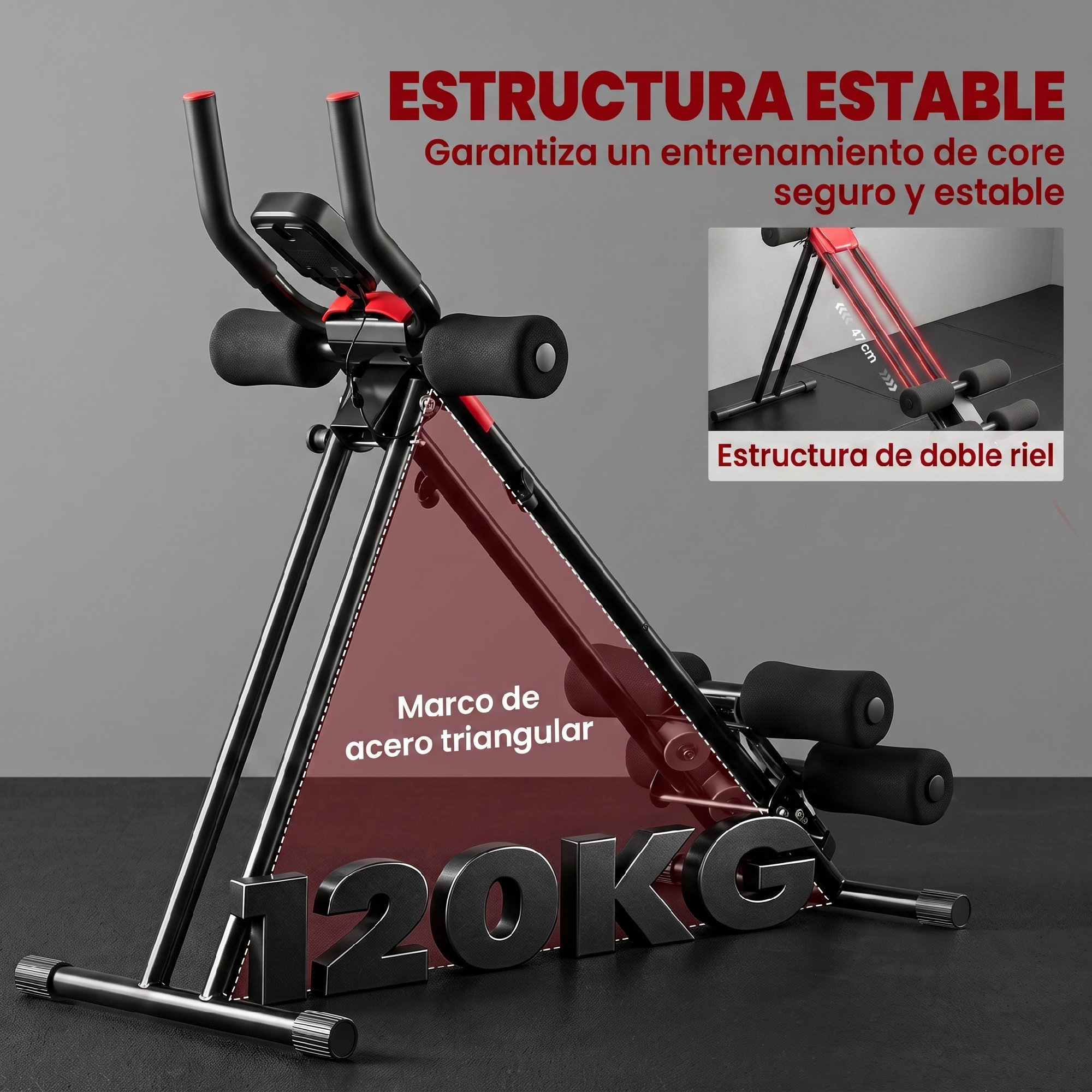 Máquina de abdominales negra con marco de acero triangular, asas y almohadillas.