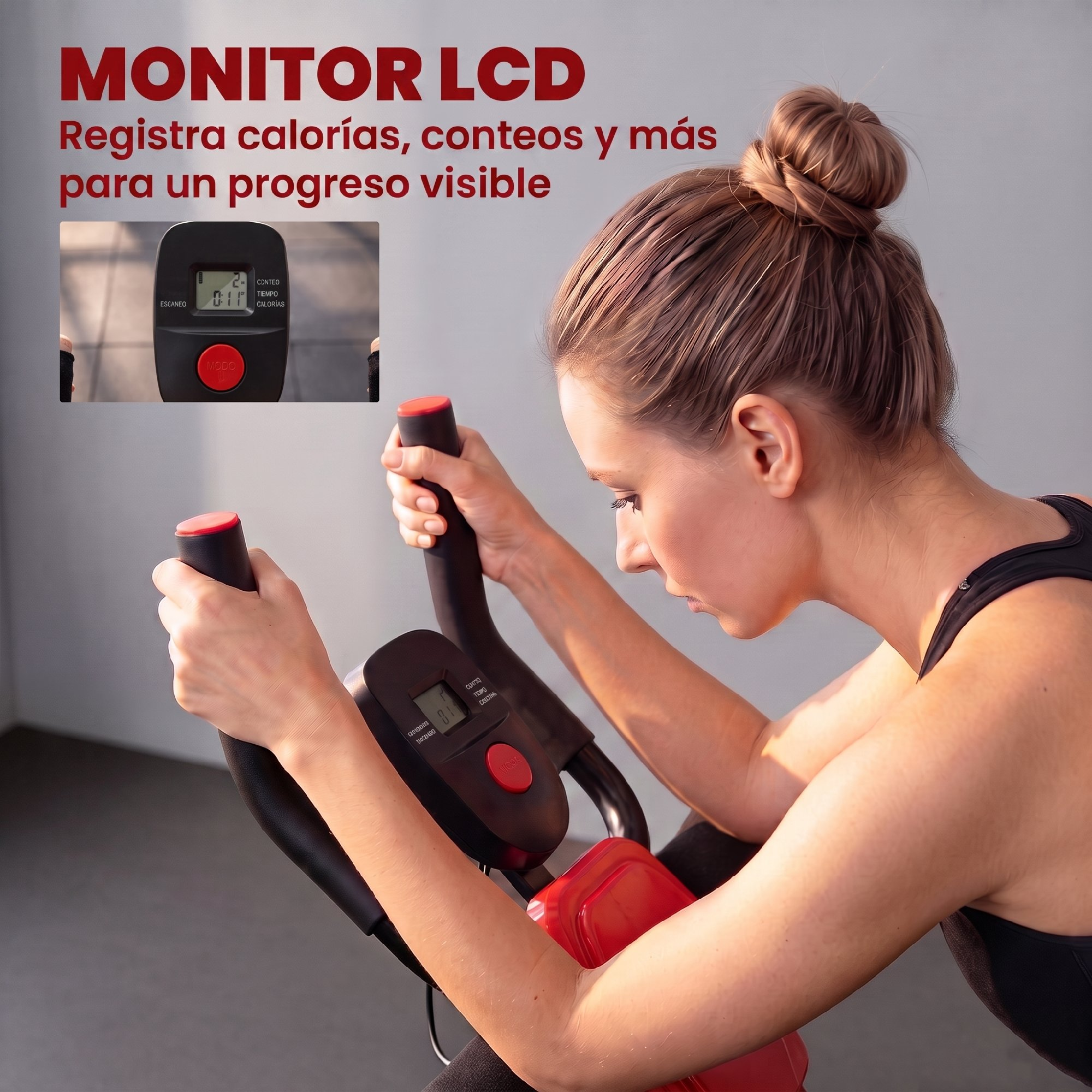 Una mujer rubia con ropa deportiva usa una bicicleta estática con monitor LCD. Texto superior promociona la pantalla.