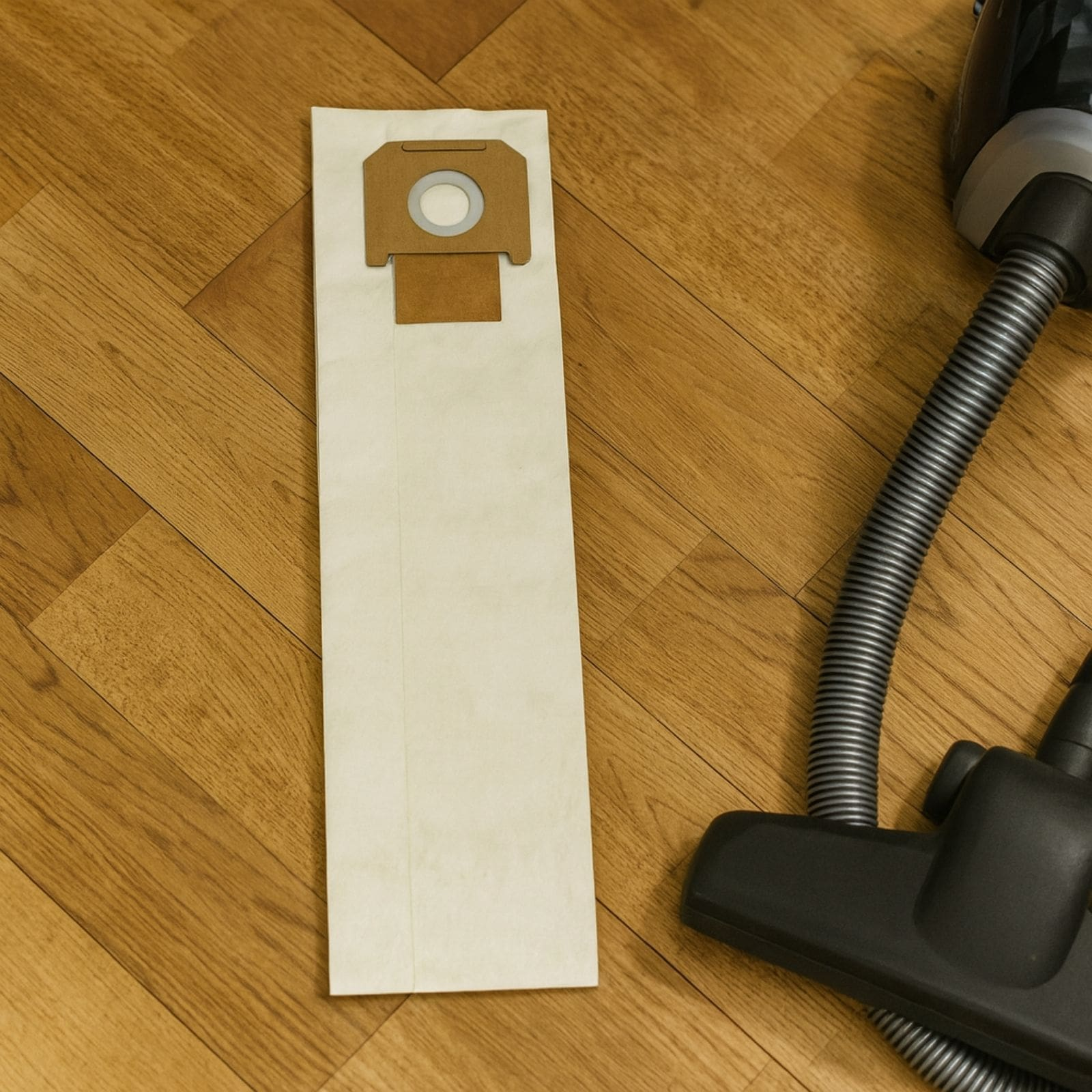 Ein Vakuumbeutel aus Papier mit Pappanschluss liegt auf einem Holzfussboden neben einem Staubsaugerschlauch.