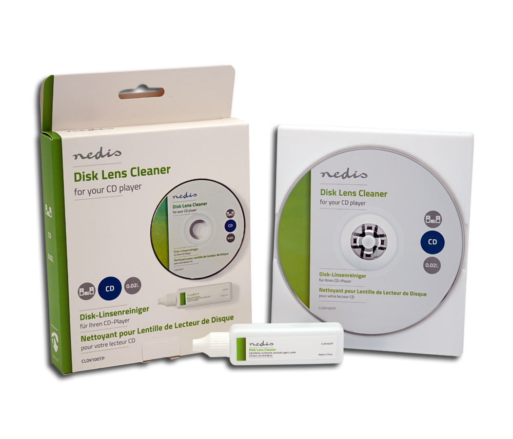 Kit pulisci lente CD Nedis con scatola, disco e liquido.