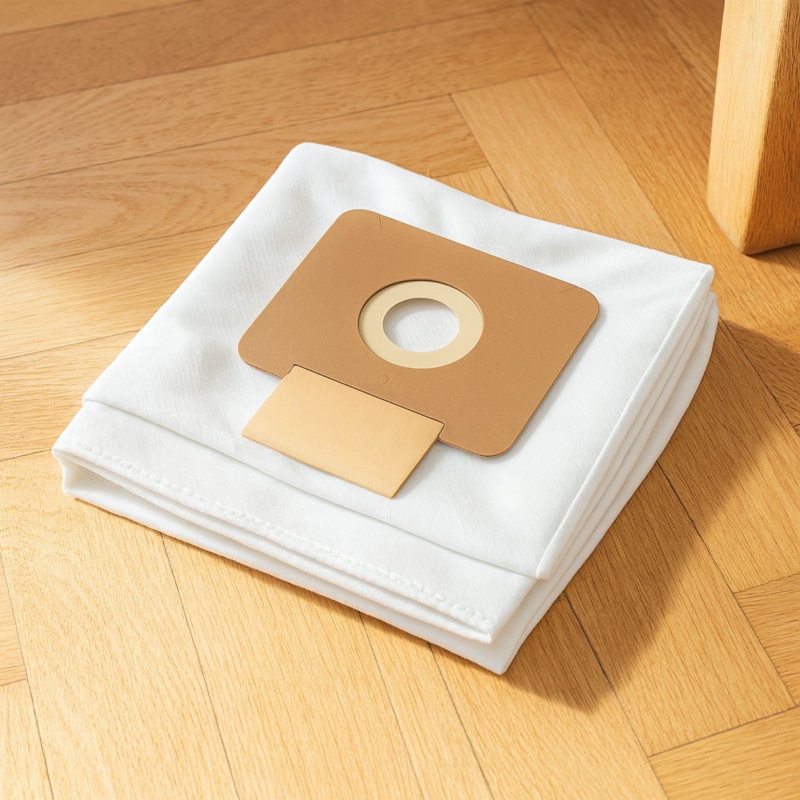 Ein weißer Staubsaugerbeutel mit brauner Papphalterung liegt auf einem Holzboden.