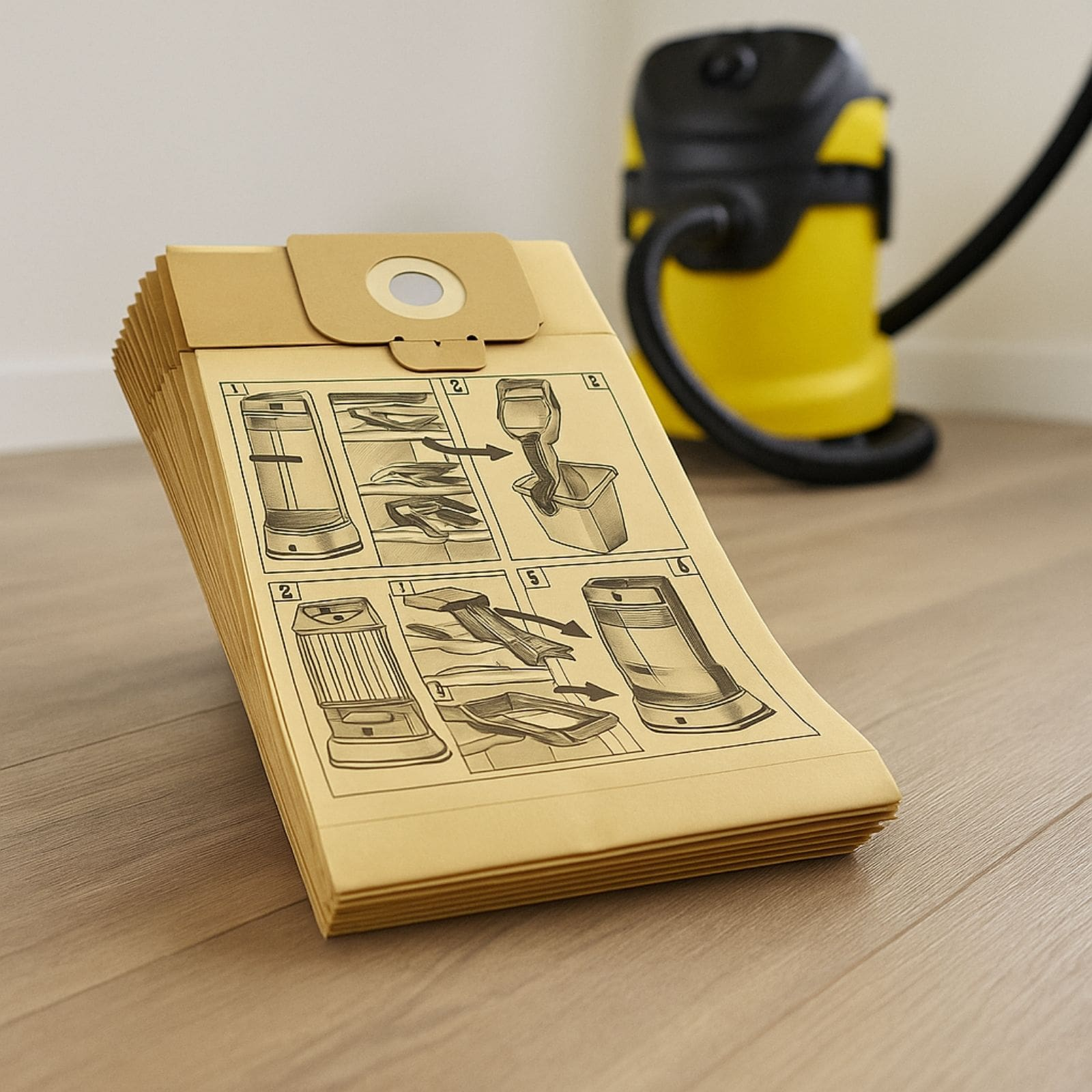 Ein Stapel brauner Staubsaugerbeutel mit Montageanleitung und ein gelb-schwarzer Staubsauger im Hintergrund.