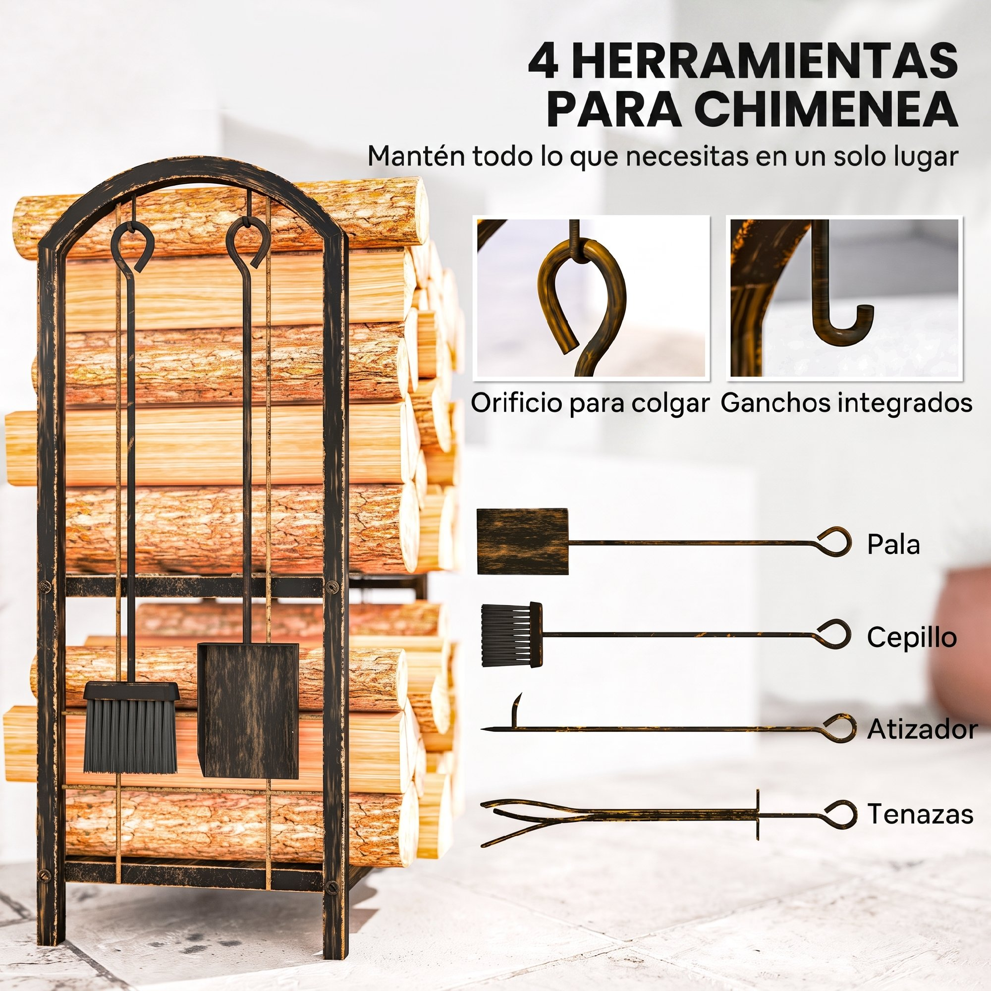 Un leñero de metal negro lleno de troncos con cuatro herramientas de chimenea colgadas.
