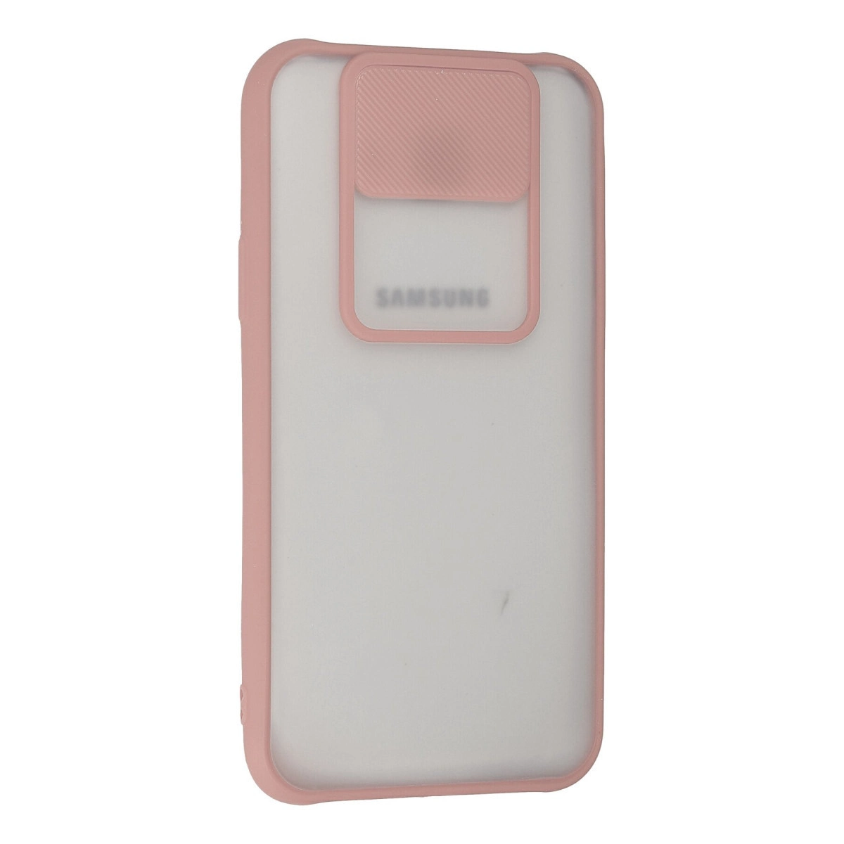 Yarı saydam arka yüzeye ve kayar kamera kapağına sahip pembe akıllı telefon kılıfı.