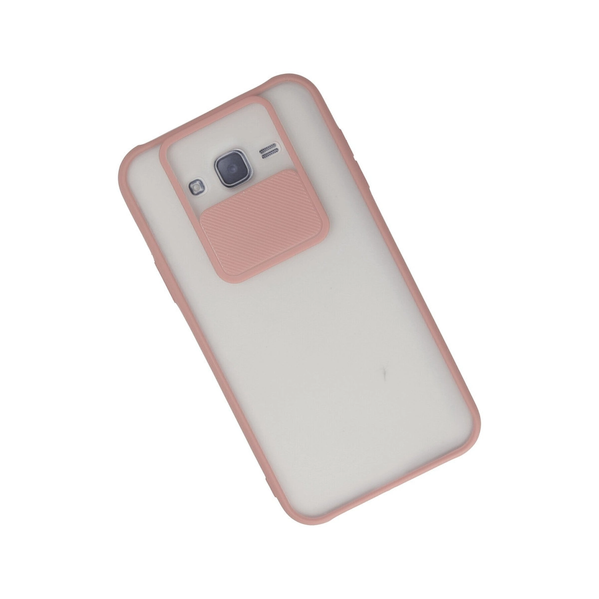 Mat beyaz arka yüzeye ve entegre kamera sürgüsüne sahip pembe koruyucu kılıflı bir akıllı telefon.
