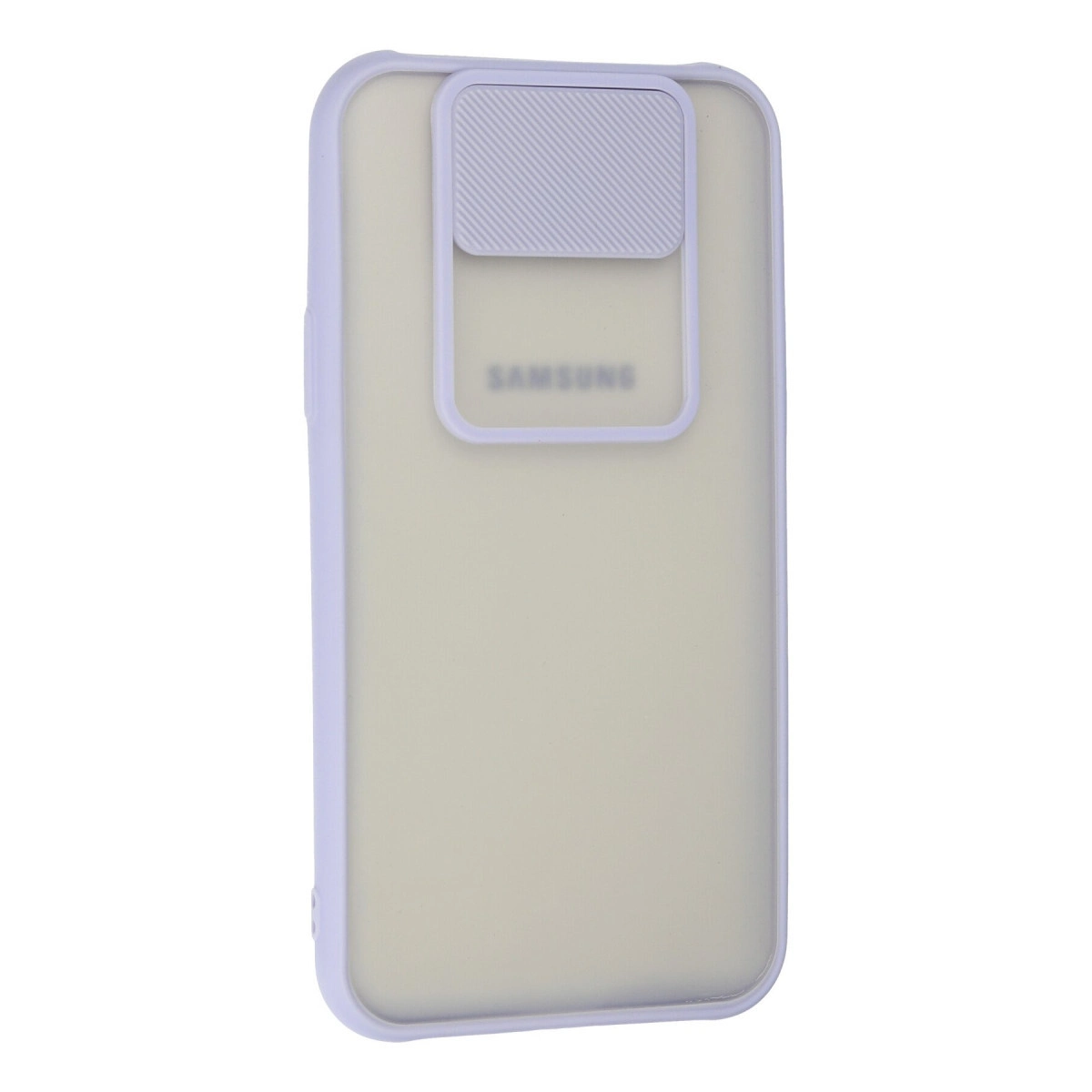 Sürgülü kamera kapaklı, mat arka yüzeyli ve silik Samsung logolu açık mor renkli telefon kılıfı.
