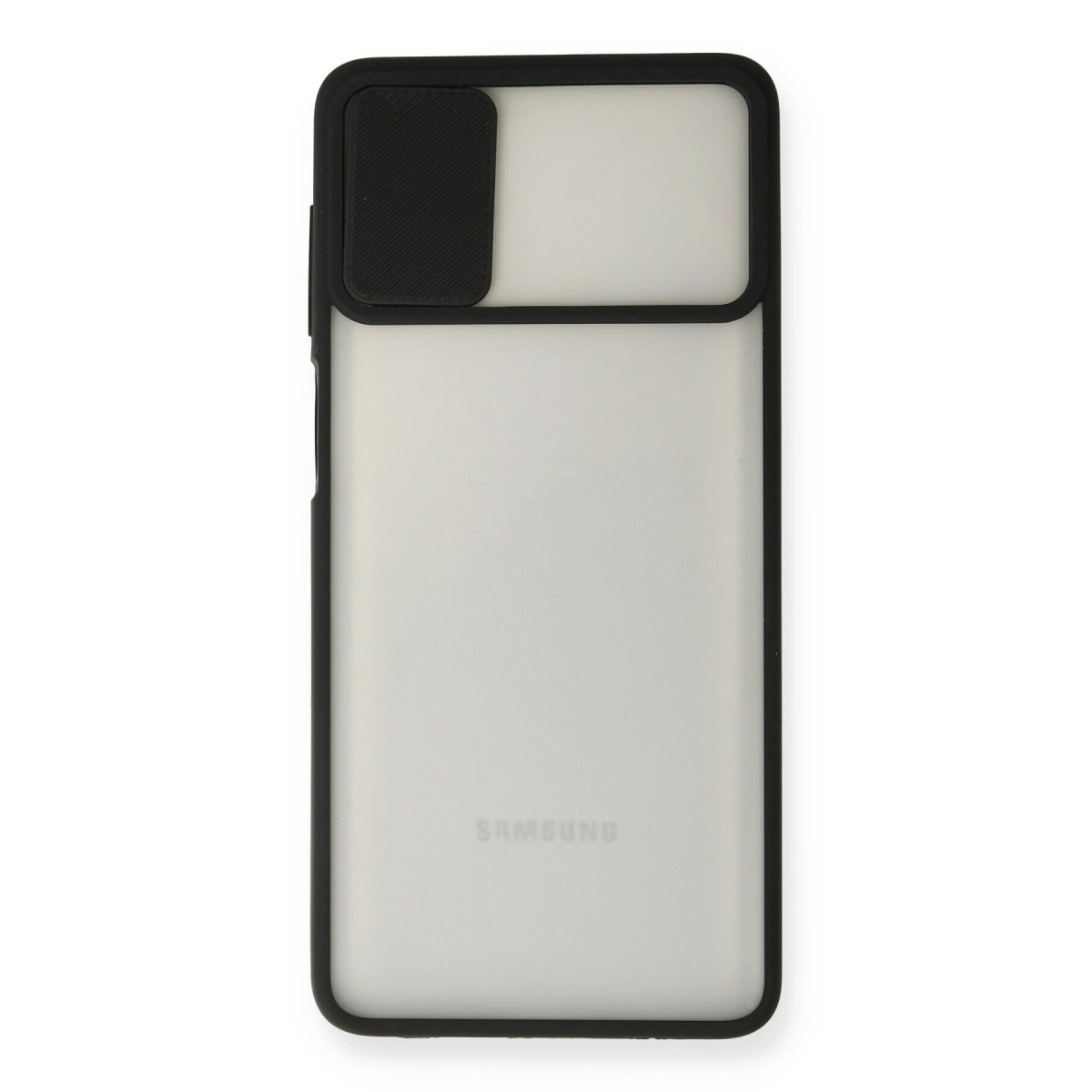 Siyah kenarlı ve üst solda sürgülü kamera kapaklı mat Samsung telefon kılıfı.