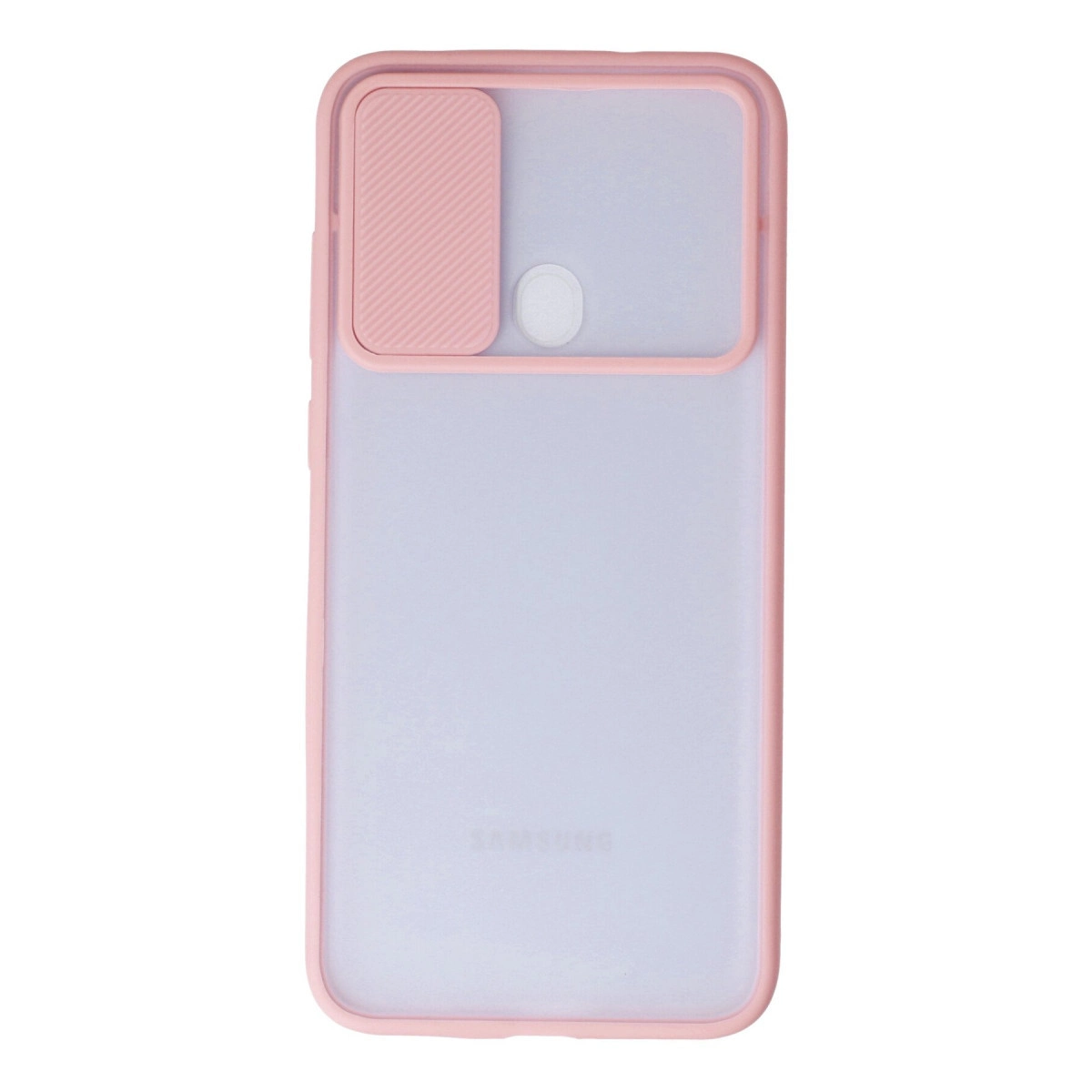 Yarı saydam arka yüzeye ve kayar kamera kapağına sahip pembe akıllı telefon kılıfı, beyaz arka plan üzerinde.