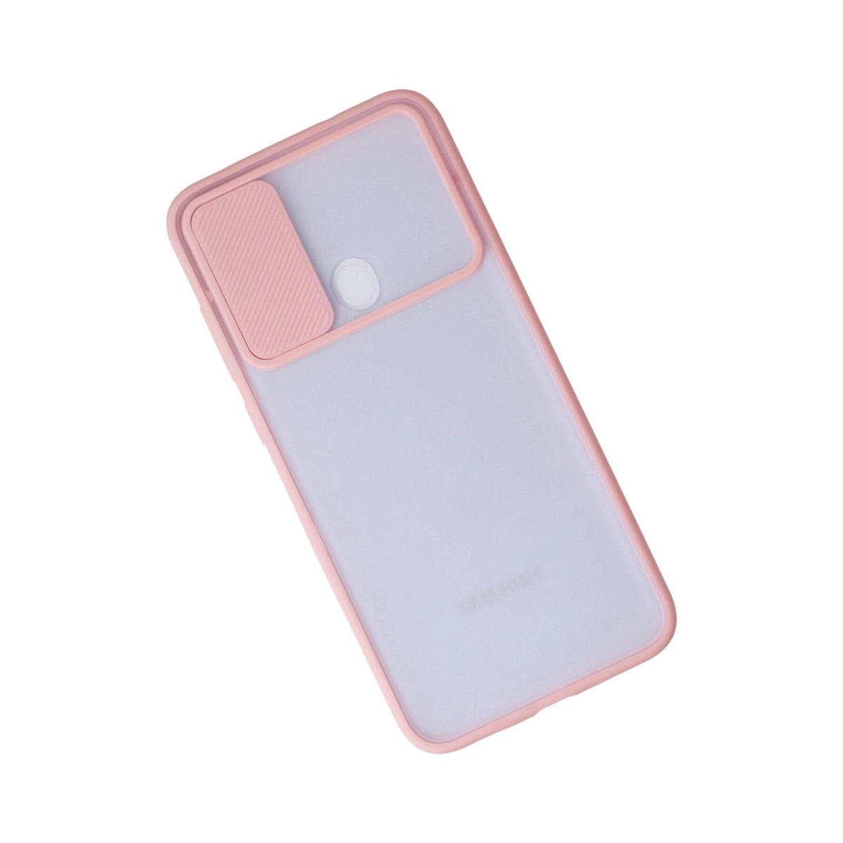 Yarı saydam arka yüzeye ve kayar kamera kapağına sahip pembe akıllı telefon kılıfı.