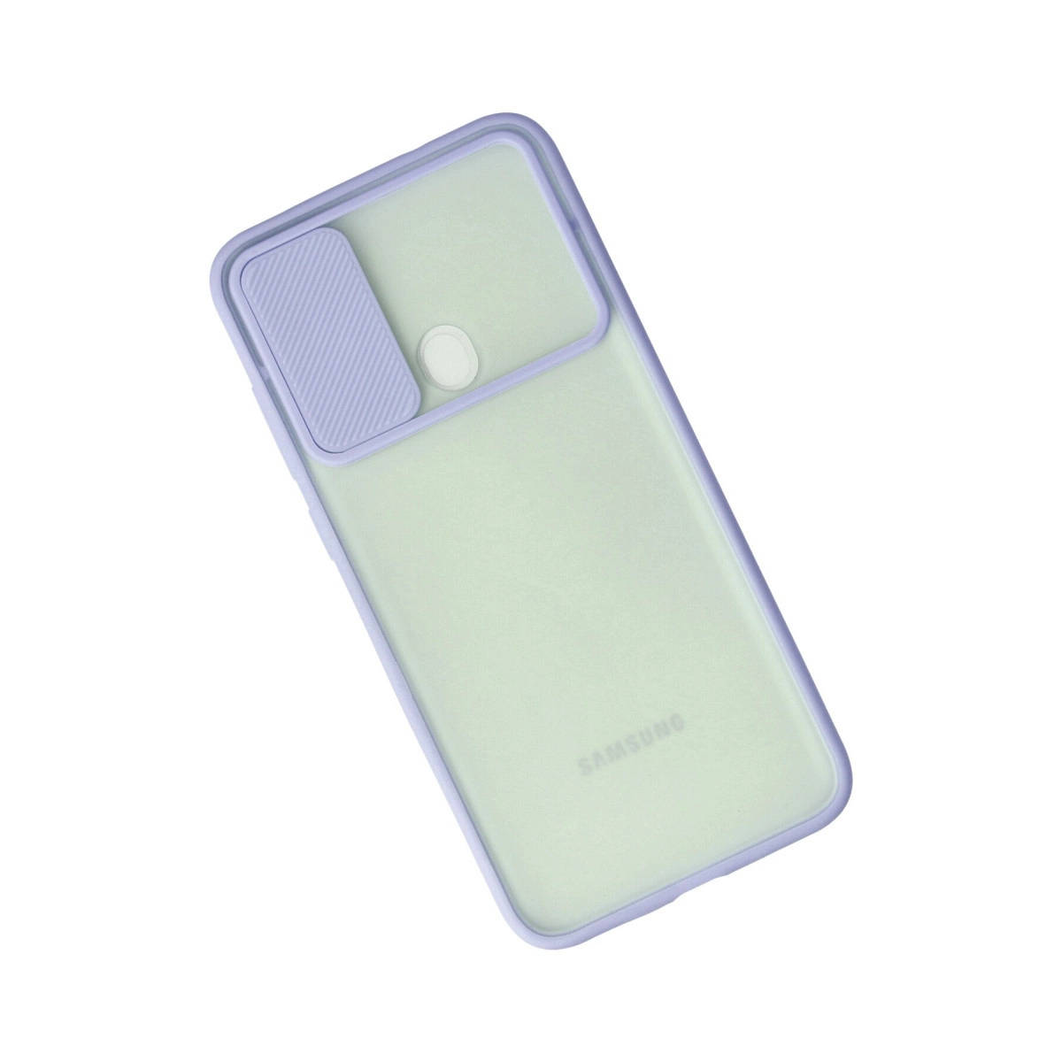 Kamera kapaklı mor renkli Samsung telefon kılıfı.