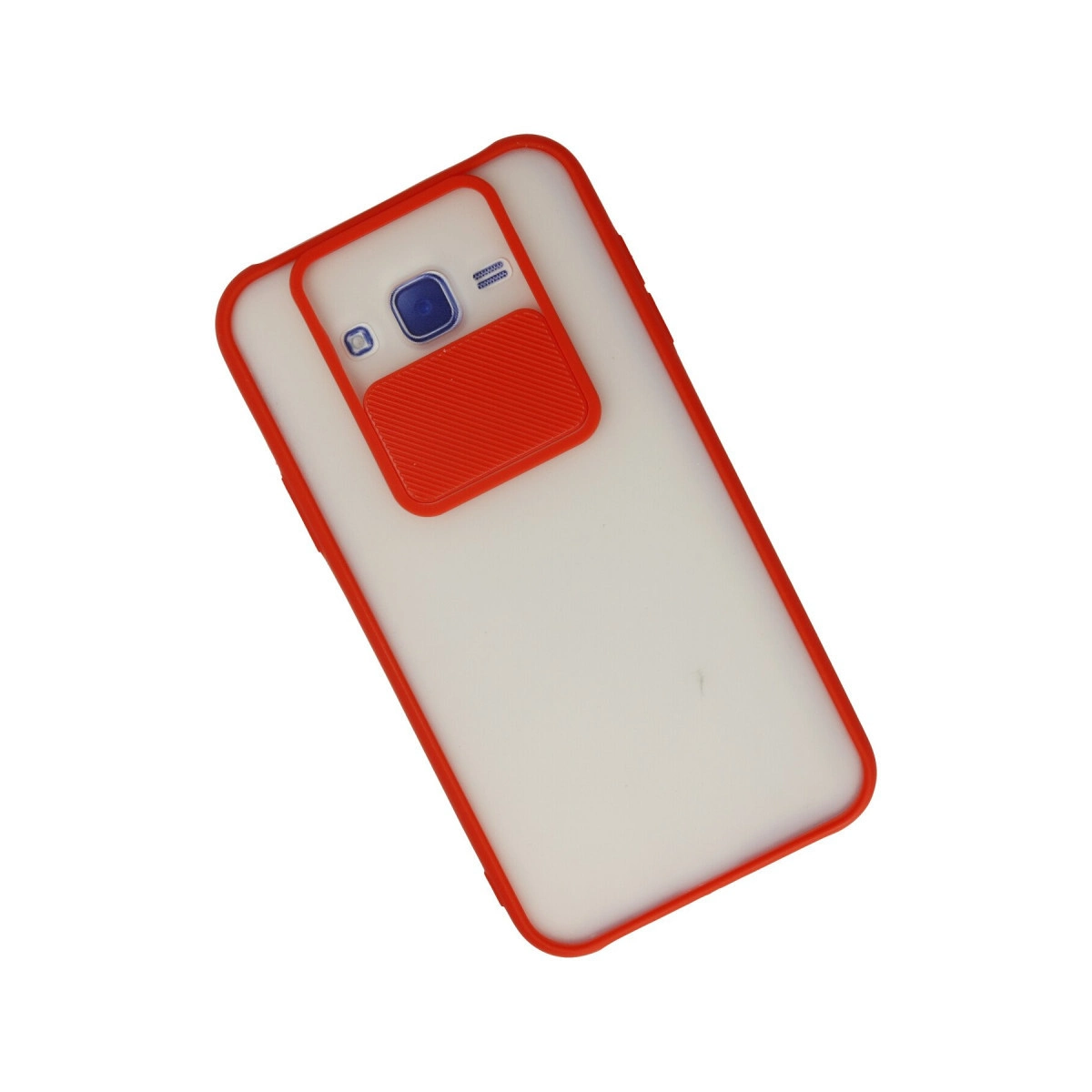 Beyaz arka planda kırmızı çerçeveli ve kaydırmalı kamera kapaklı beyaz telefon kılıfı.