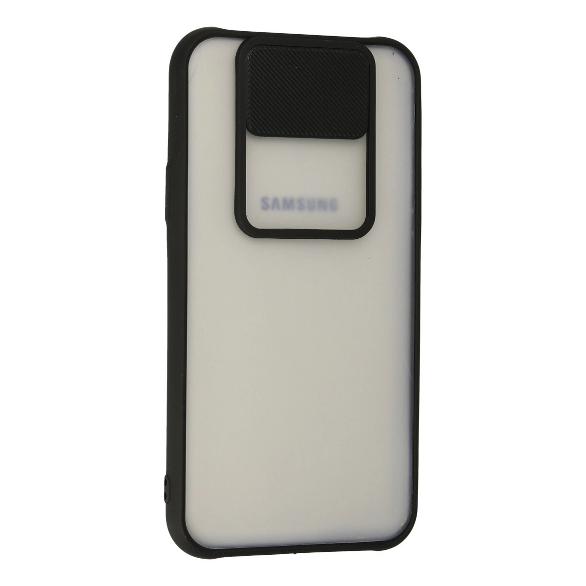 Siyah kenarlı ve arka tarafında kaydırılabilir kamera kapağı olan bir Samsung telefon kılıfı.