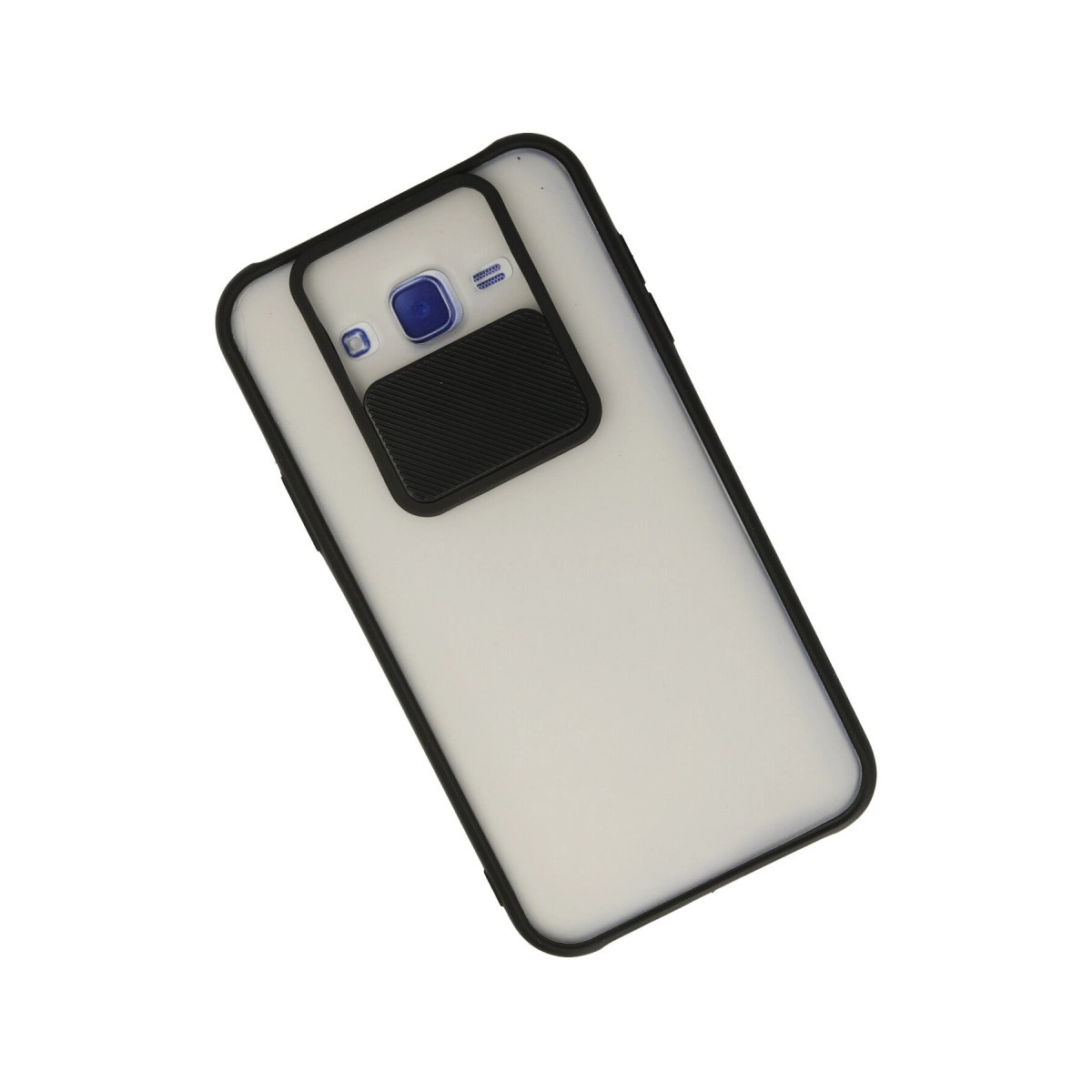 Siyah kenarlı beyaz koruyucu kılıf içinde ve arka tarafında kamera sürgü kapağı olan akıllı telefon.
