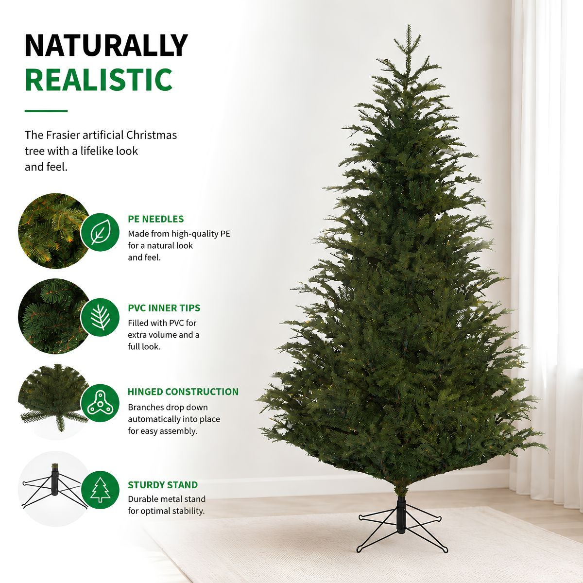 Kunstmatige Frasier kerstboom met PE naalden, PVC tips, scharnierconstructie en metalen standaard.