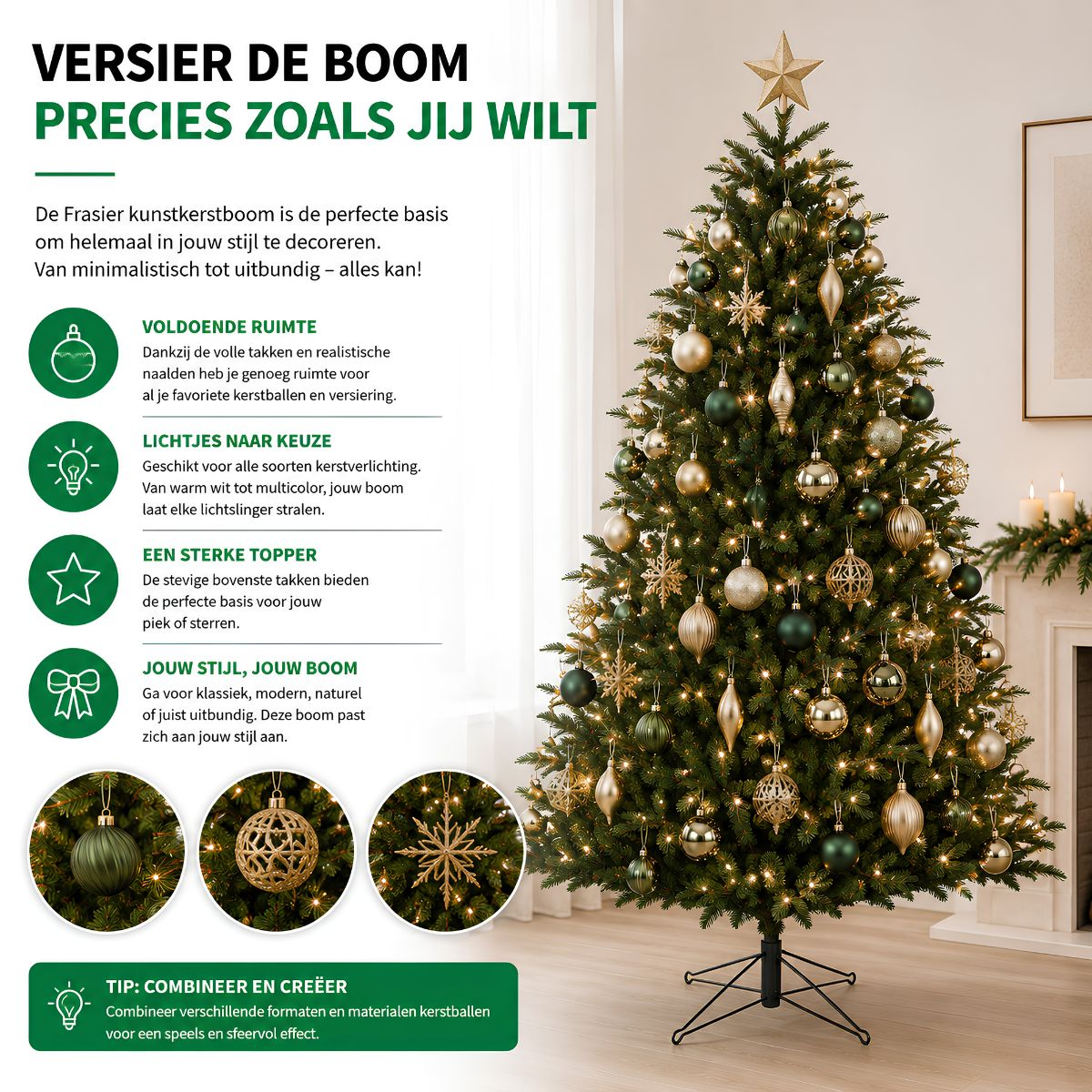 Een versierde kerstboom met groene en gouden kerstballen, lichtjes en een piek.