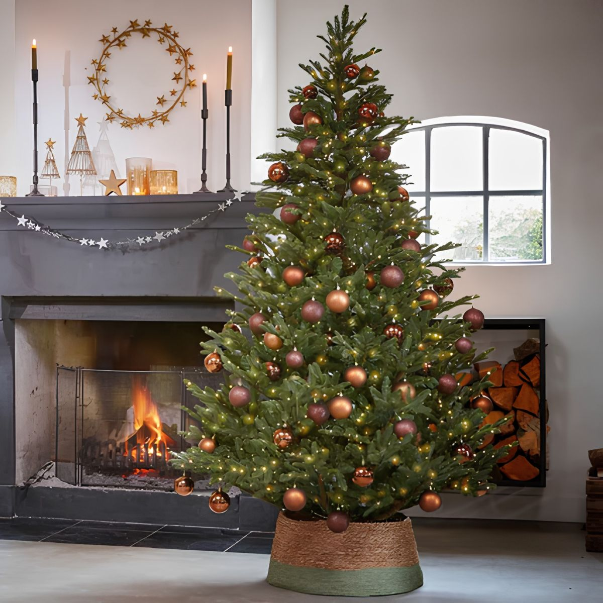 Een versierde kerstboom met kerstballen en lampjes voor een open haard in een gezellige kamer.