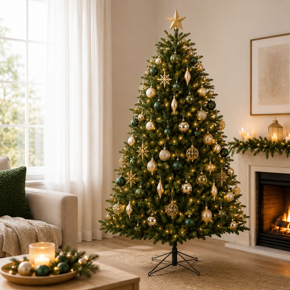 Een versierde kerstboom met gouden en groene ballen staat in een lichte woonkamer voor een open haard.