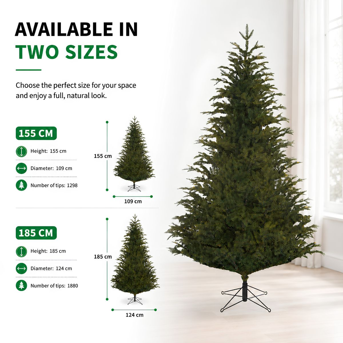 Vergelijking van twee kunstkerstbomen van 155 cm en 185 cm in een lichte kamer.