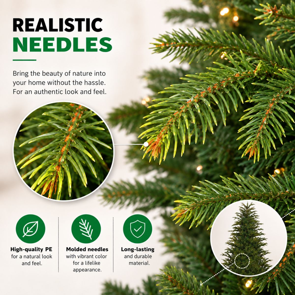 Close-up van realistische dennennaalden in een kerstboom met tekst en infografics.