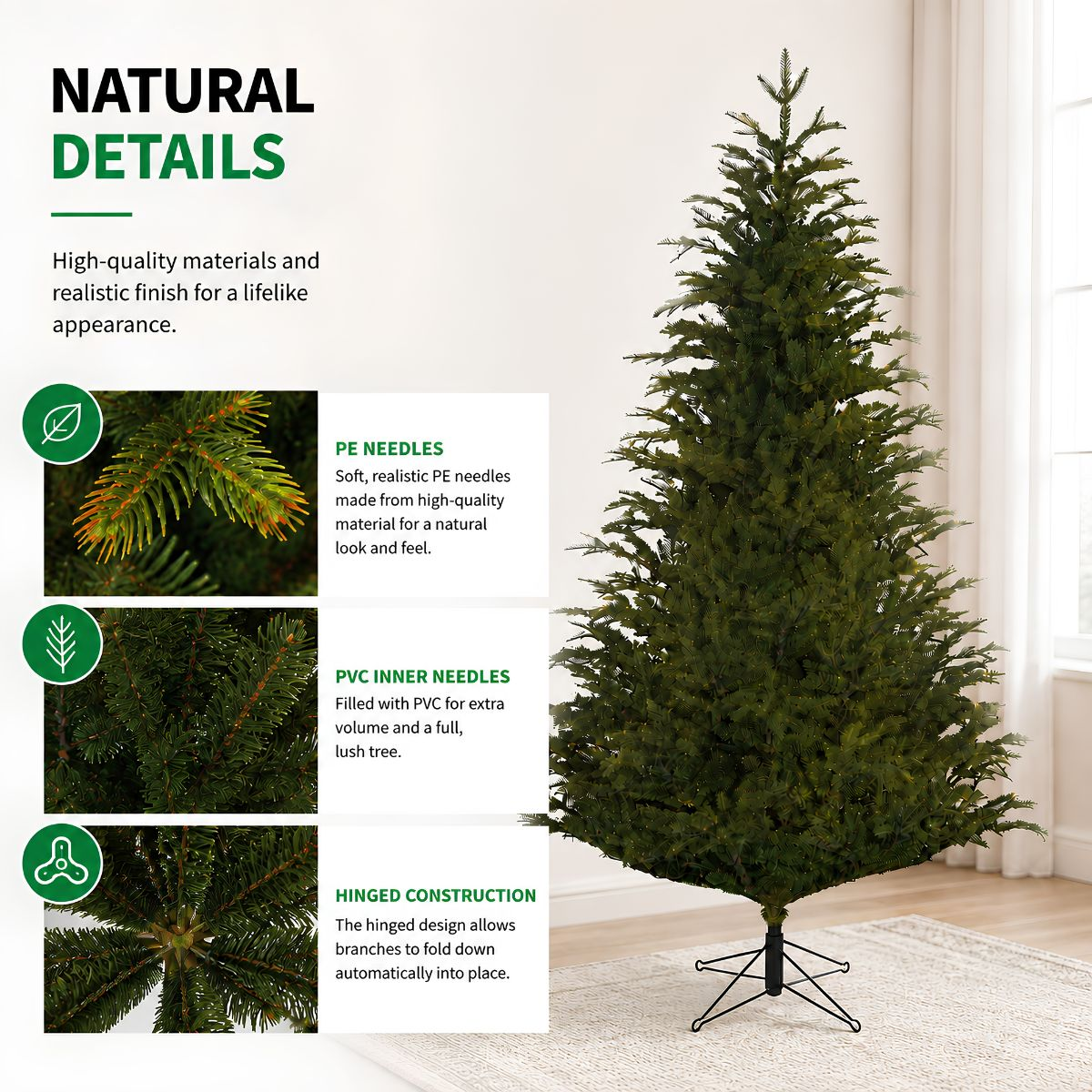 Infographic toont een kunstkerstboom met close-ups van PE naalden, PVC naalden en scharnierconstructie.