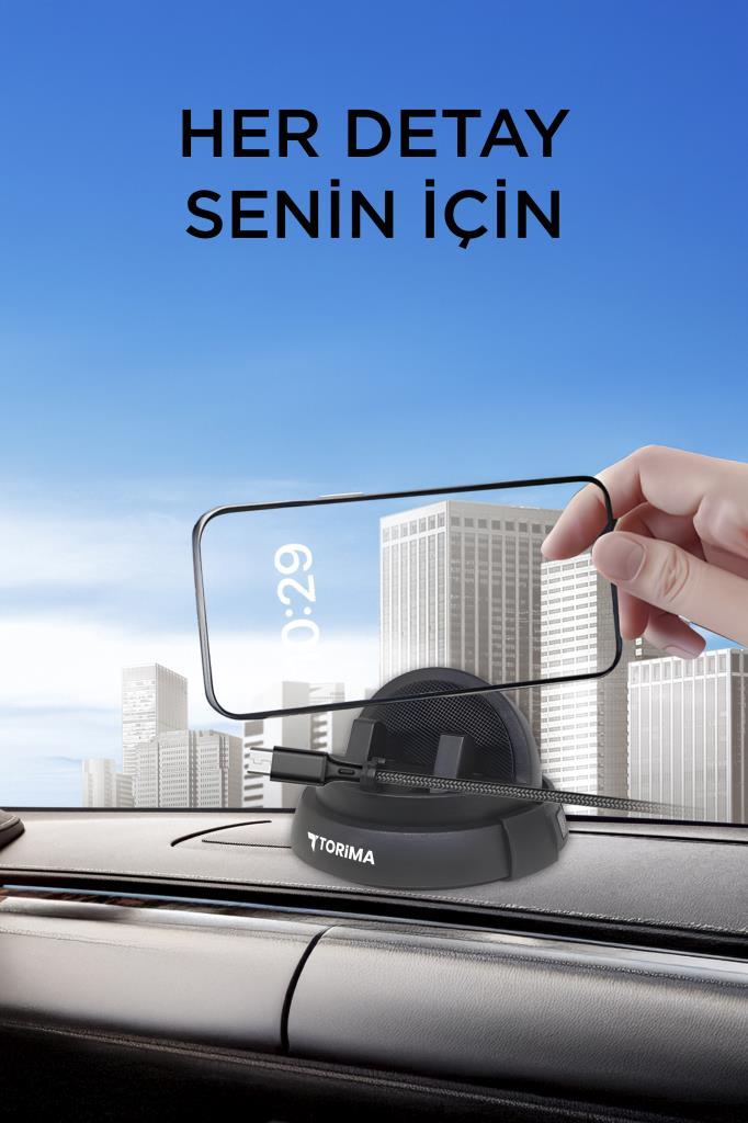 Arka planda şehir manzarası ve metin içeren araç içi telefon tutucu.