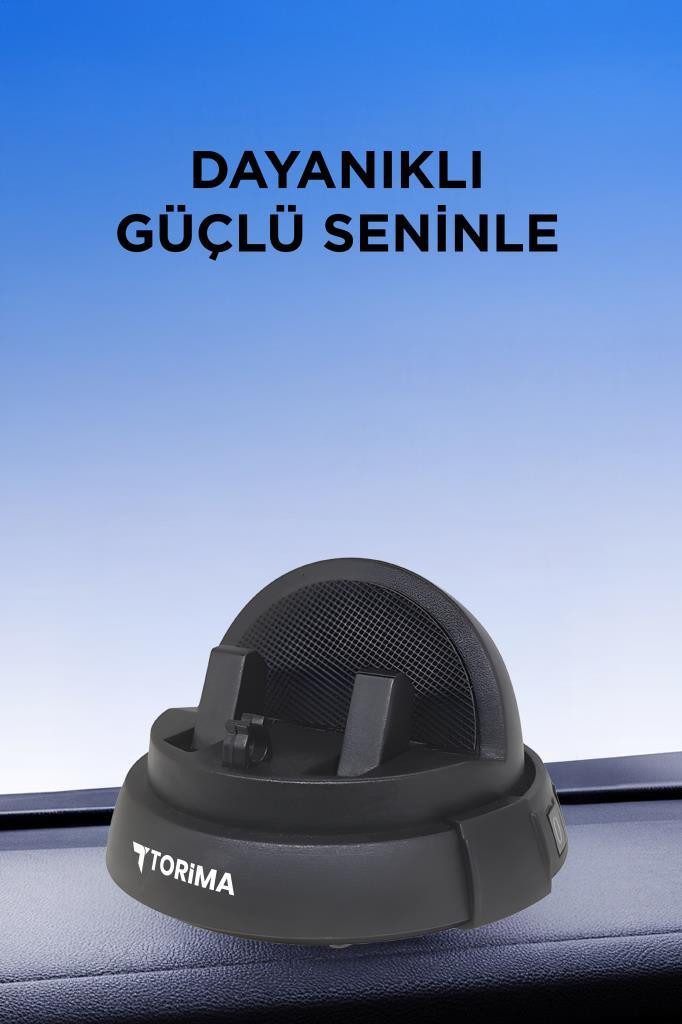 Mavi arka plan önünde araba torpidosunda duran siyah Torima telefon tutucu.