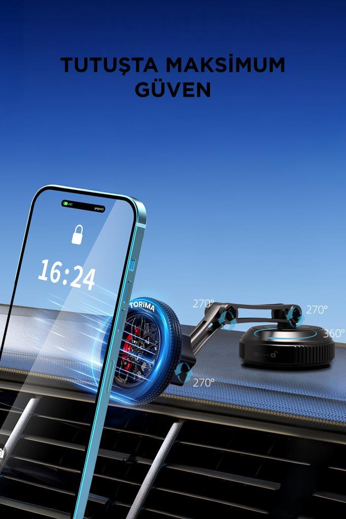 Mavi gökyüzü arka planına sahip ayarlanabilir havalandırma telefon tutucusunda akıllı telefon.