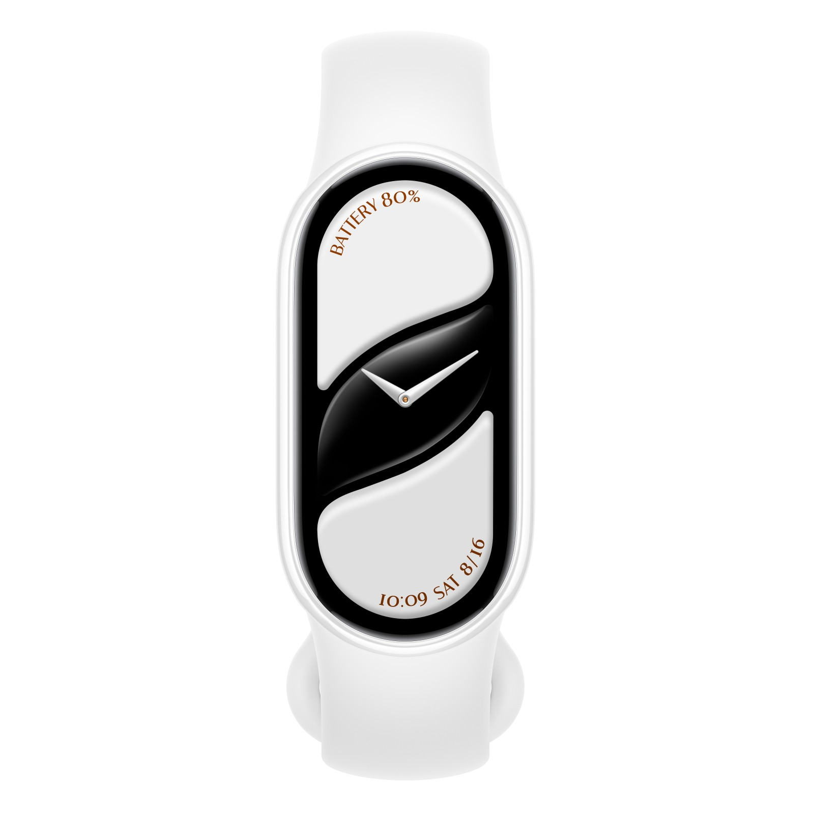 Una pulsera inteligente blanca con una pantalla curva en blanco y negro que muestra la hora, la fecha y la batería.