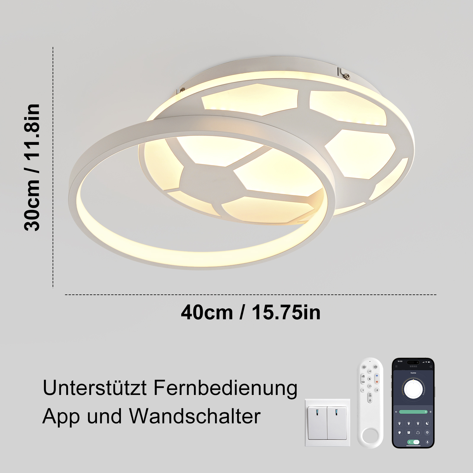 Moderne runde LED-Deckenleuchte im Fußball-Design, 40x30 cm, mit Fernbedienung, App- und Wandschalter-Steuerung.