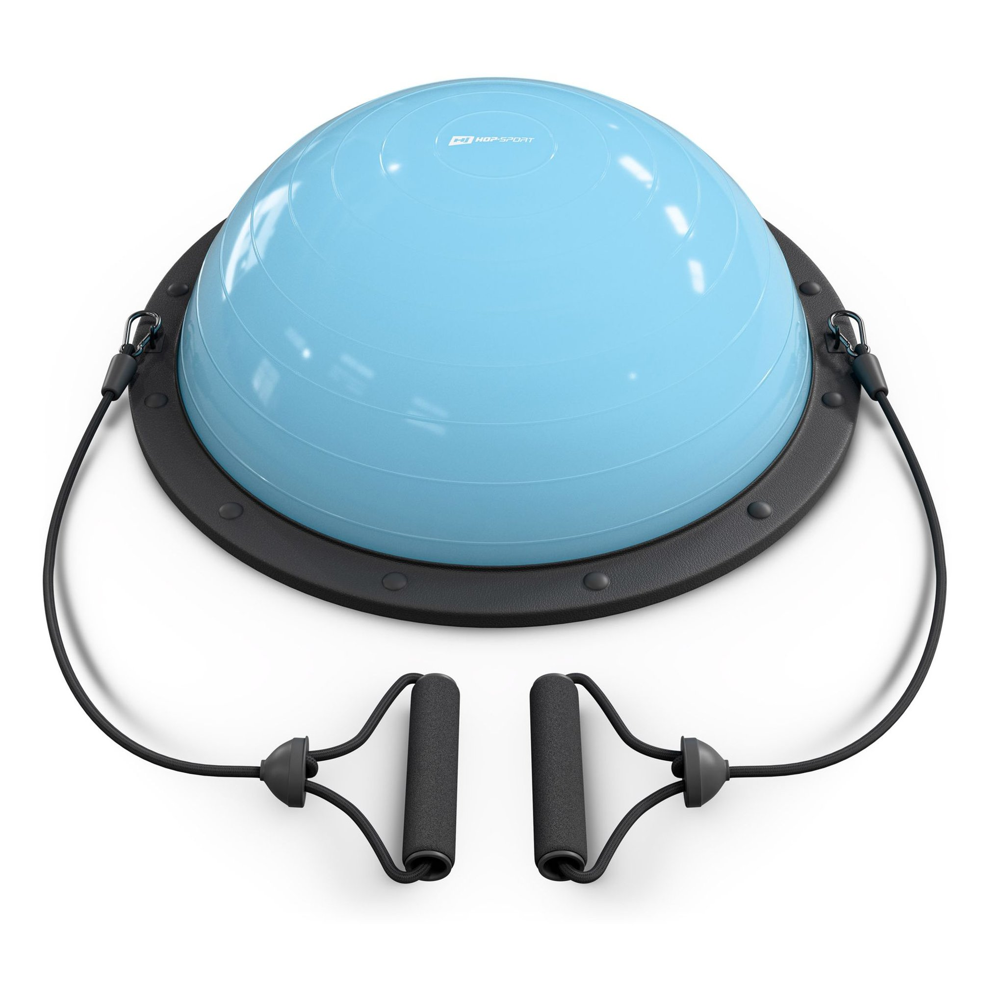 Ein blauer Balanceball auf einer schwarzen Basis mit zwei angebrachten Widerstandsbändern auf weißem Hintergrund.