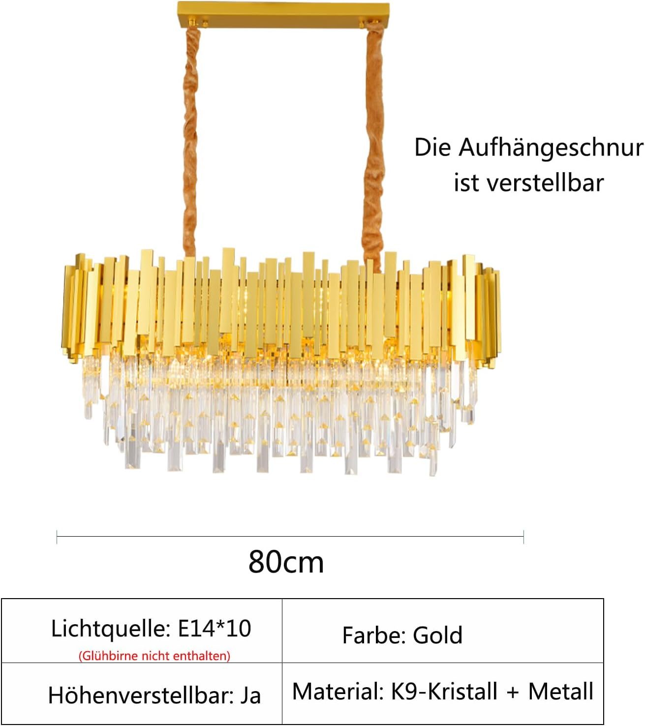Goldene Hängelampe mit K9-Kristallen, verstellbarer Kordel und 80cm Länge mit technischen Details.