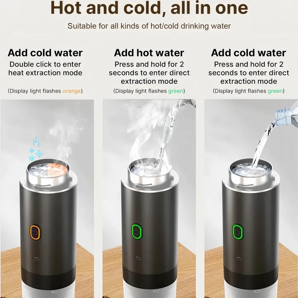 Anleitung für einen elektrischen Wasserkocher mit Heiß- und Kaltwasserfunktionen und LED-Anzeigen.