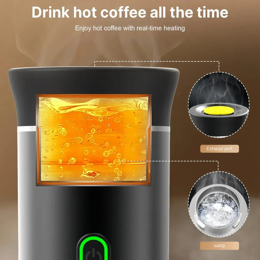 Ein tragbarer Kaffeewärmer mit digitalem Display und Insets für Abluft und Sumpf.