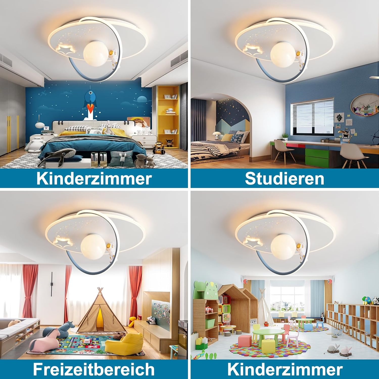 Vier Bilder zeigen moderne Deckenlampen mit Weltraum-Motiv in verschiedenen Kinderzimmern.