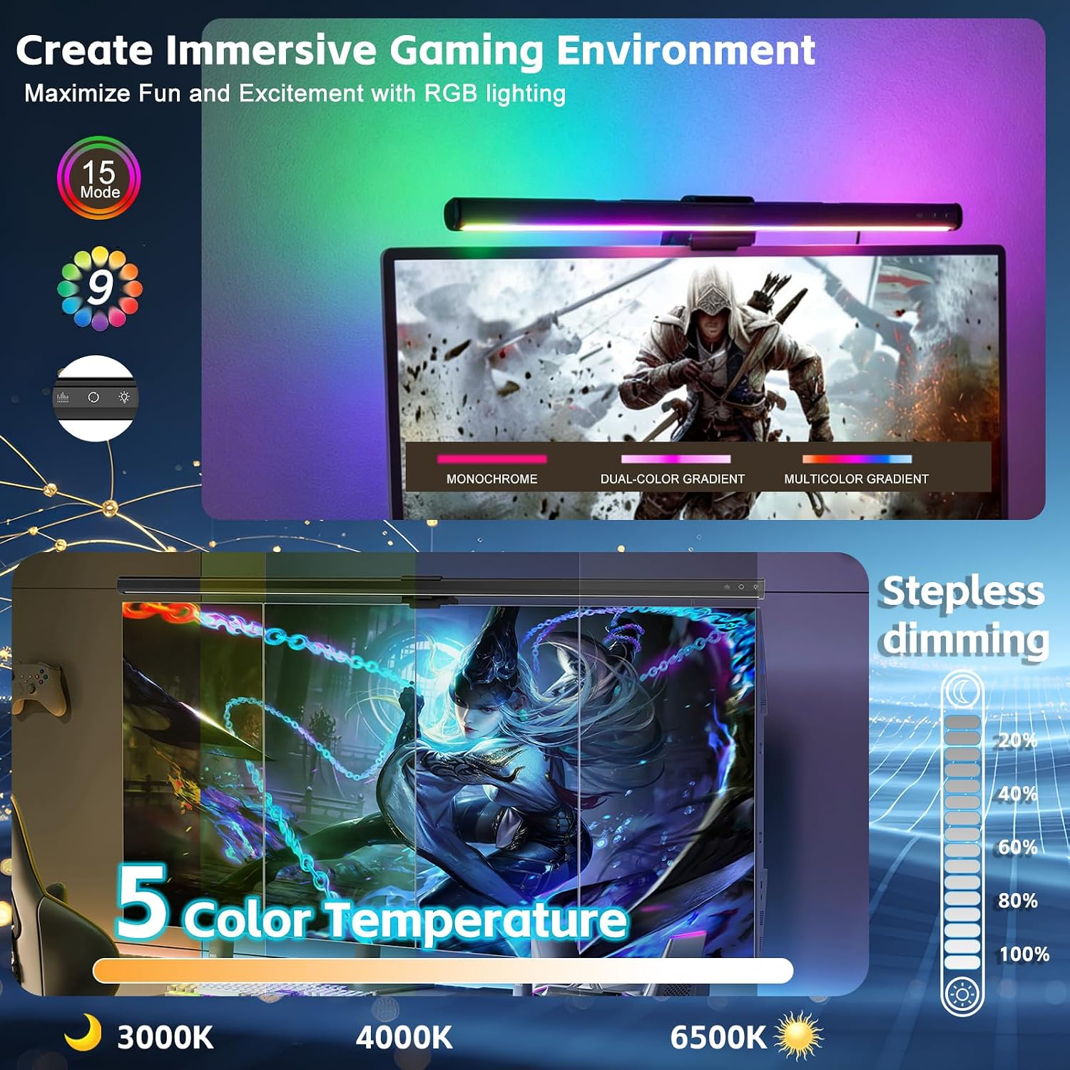 Gaming-Monitor mit RGB-Beleuchtung, verstellbarer Farbtemperatur und Dimmfunktion.