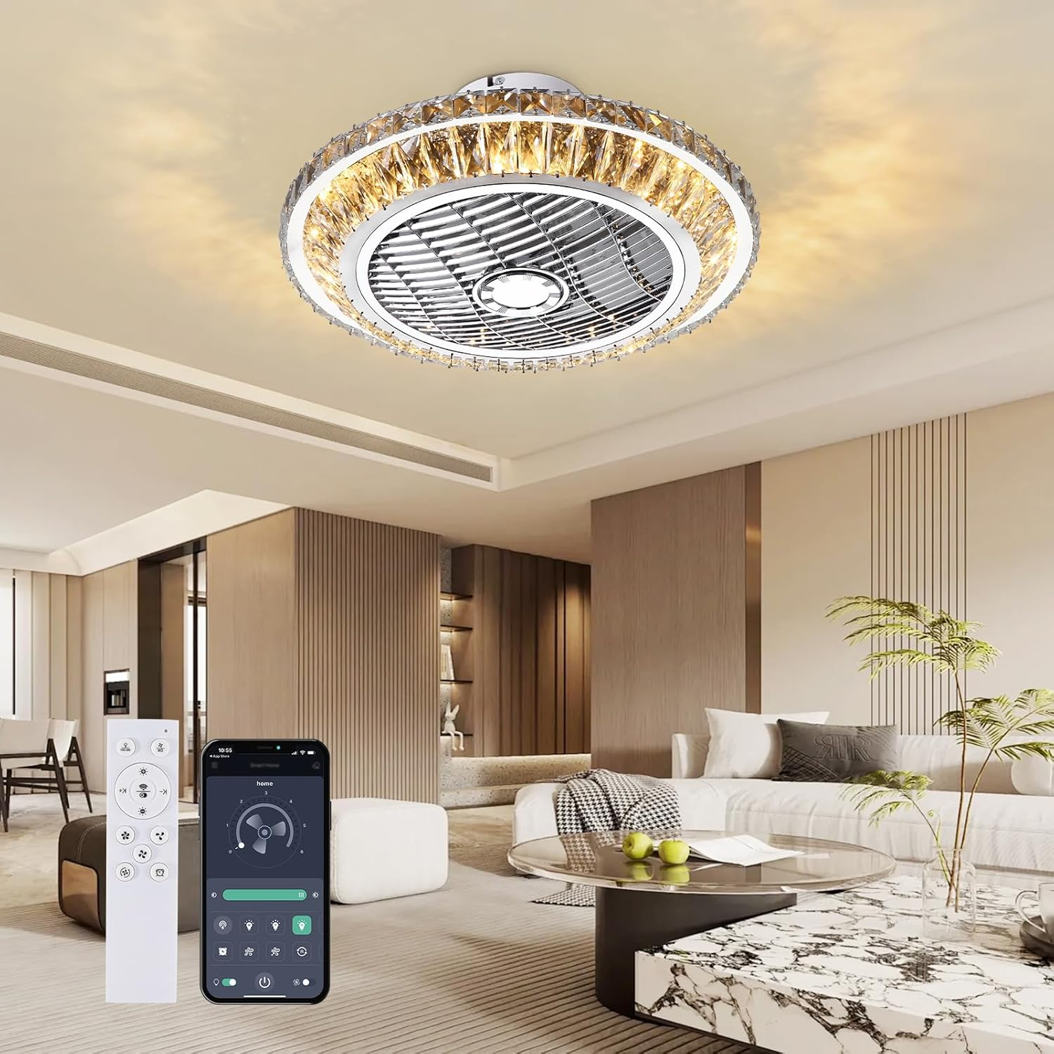 Moderne Deckenleuchte mit Kristallrand in einem eleganten Wohnzimmer, inklusive Fernbedienung und Smartphone-App.