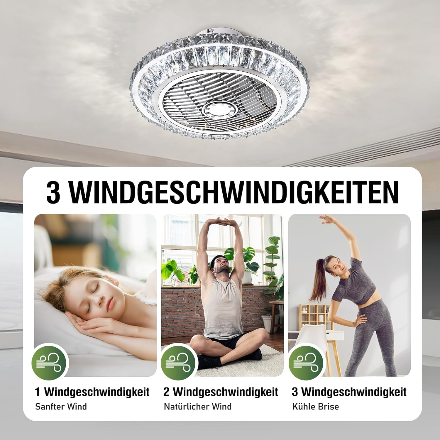 Eine Deckenventilatorlampe mit drei Windgeschwindigkeiten, gezeigt mit einem Kind, einem Mann und einer Frau.