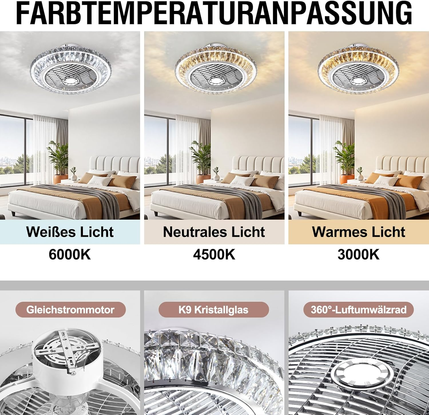 Produktgrafik zeigt Deckenventilator mit dimmbarem Licht und Farbwechsel in einem Schlafzimmer.