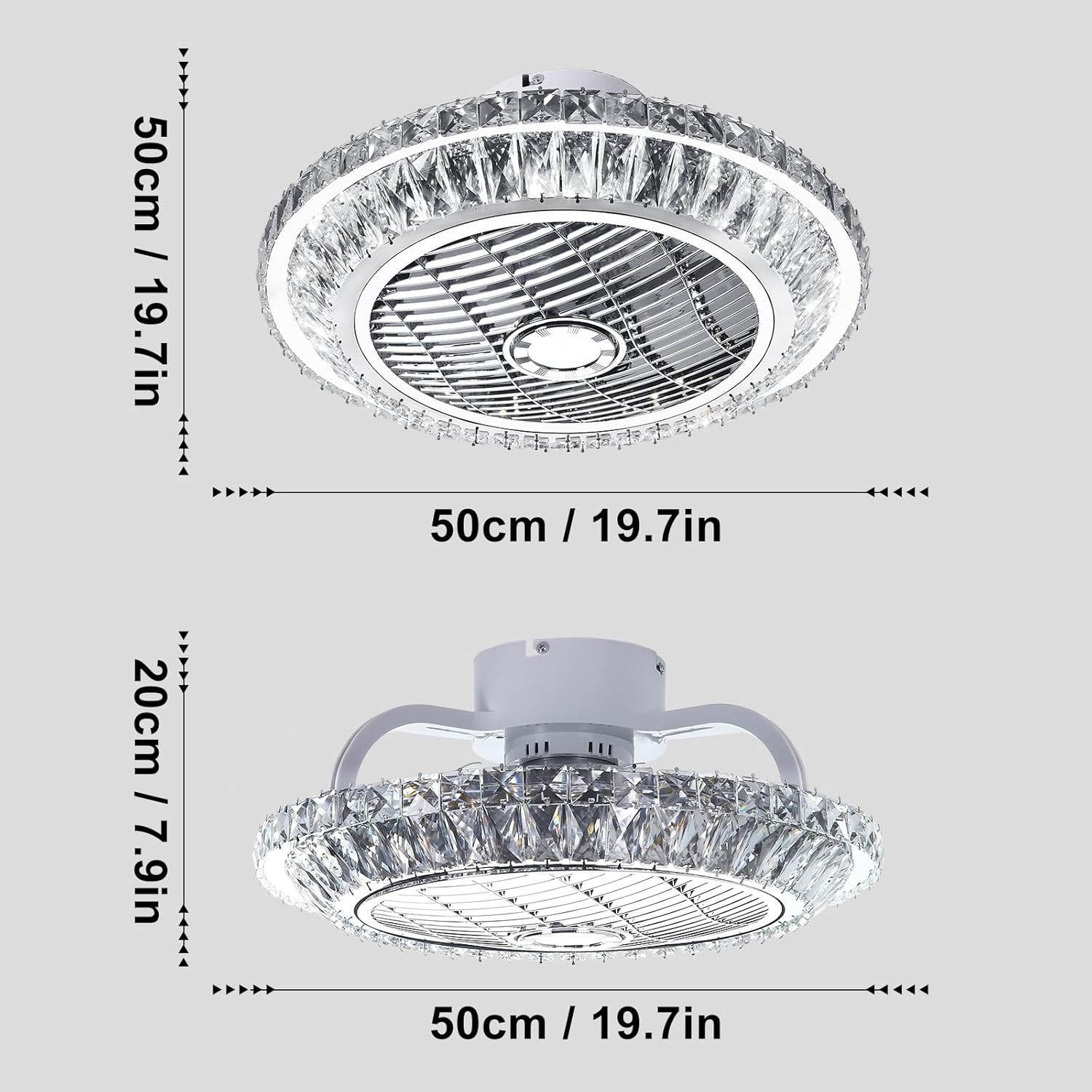 Technische Zeichnung einer runden Kristall-Deckenventilatorlampe mit Maßangaben von 50cm Durchmesser und 20cm Höhe.