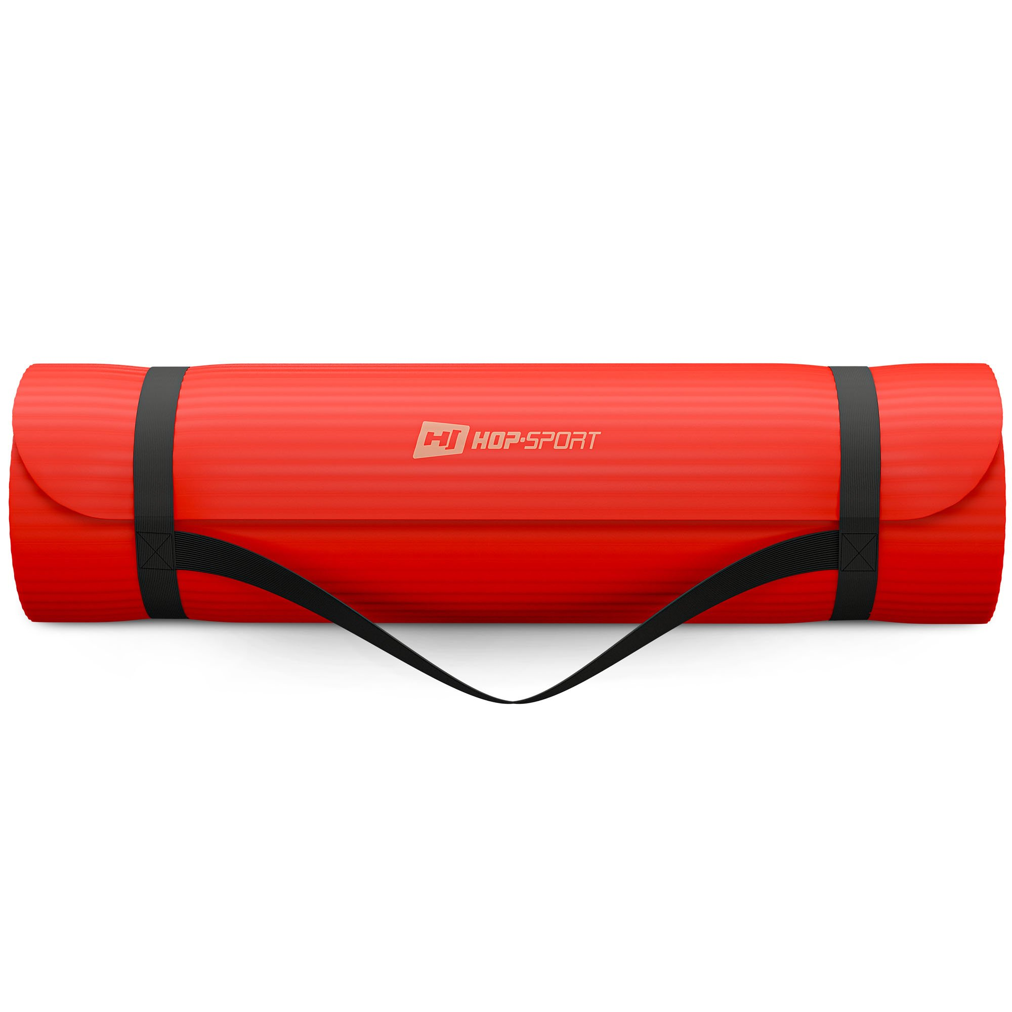 Eine rote Yoga-Matte gerollt mit schwarzen Gurten und Hop-Sport Logo auf weißem Hintergrund.