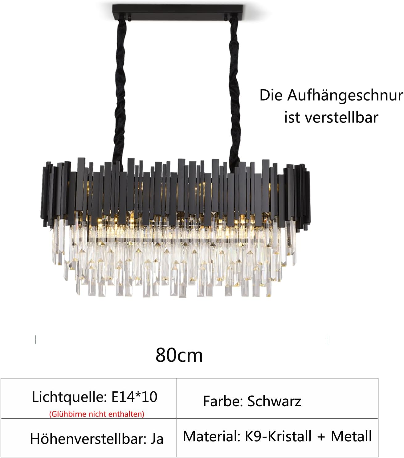 Schwarze Hängeleuchte mit Kristallen, 80 cm breit, verstellbare Schnur, E14 Fassungen.