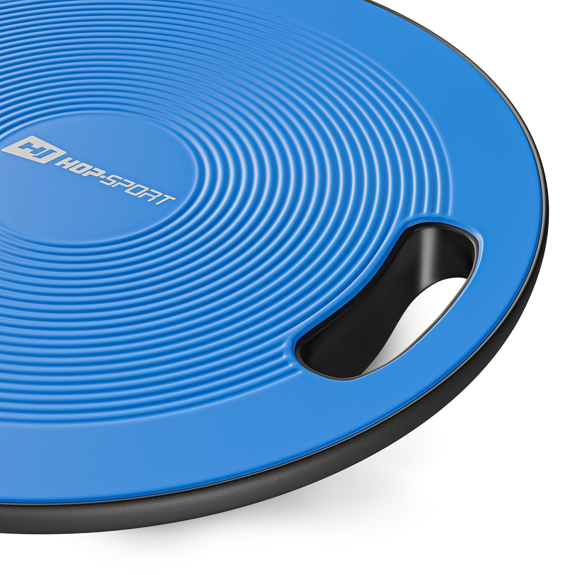 Ein blaues runden Balanceboard mit gerillter Oberfläche, schwarzem Rand und einem integrierten Haltegriff.