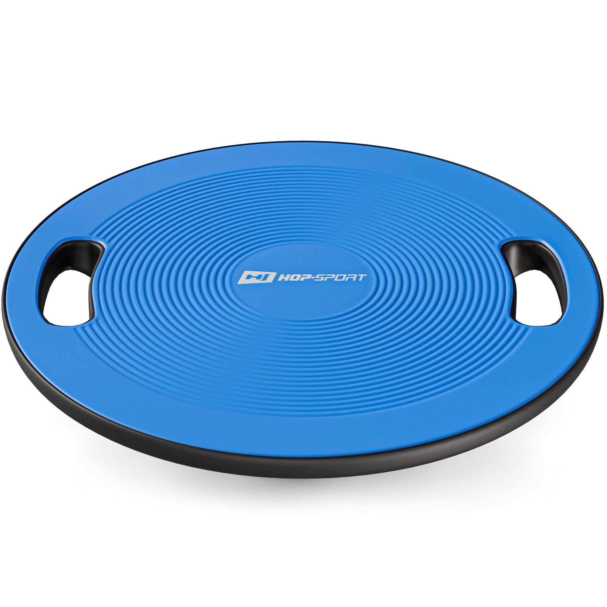 Ein blaues runden Balanceboard mit schwarzen Rändern und zwei Griffen auf weißem Hintergrund.