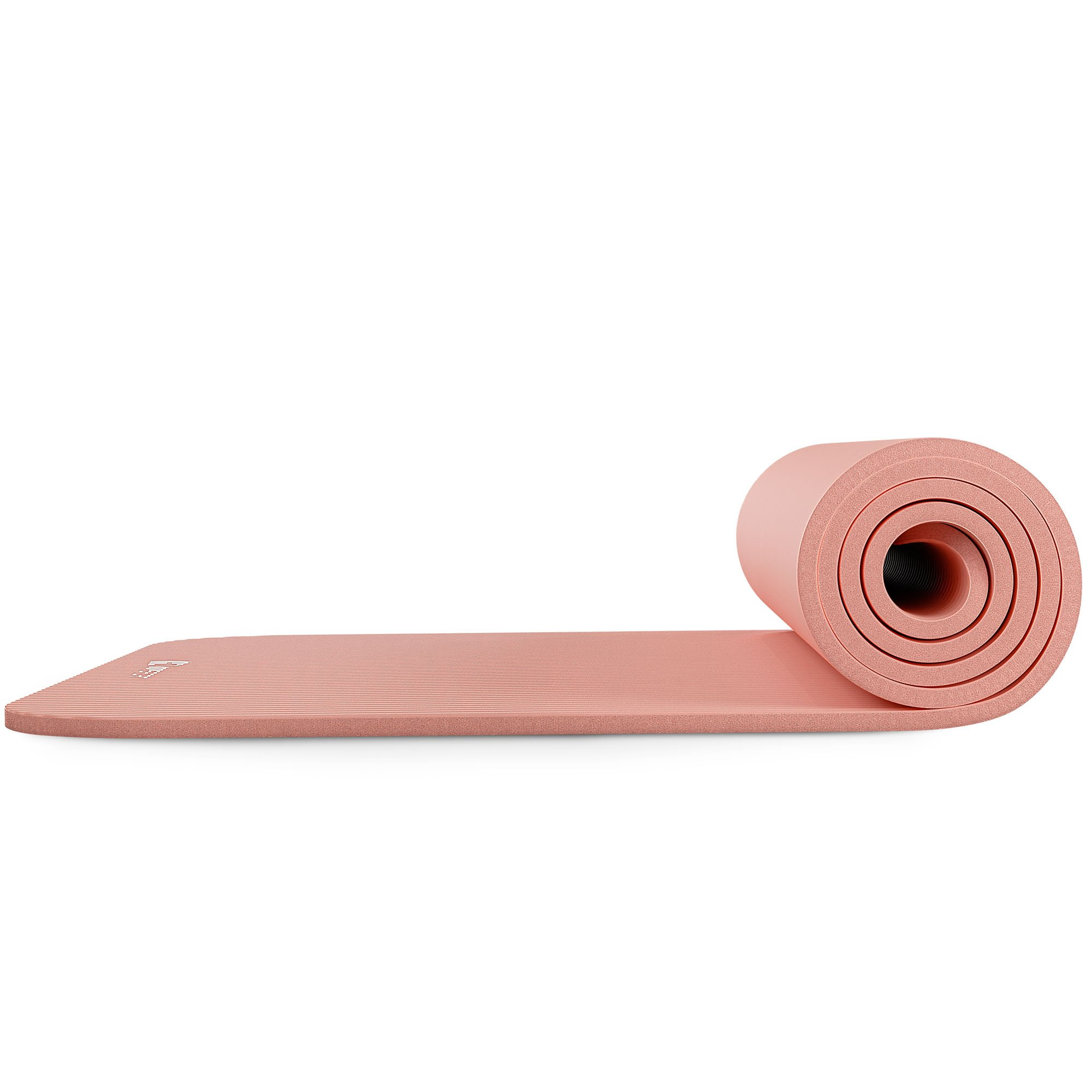 Eine hellrosa Yoga-Matte, teilweise aufgerollt, auf einer weißen Oberfläche.