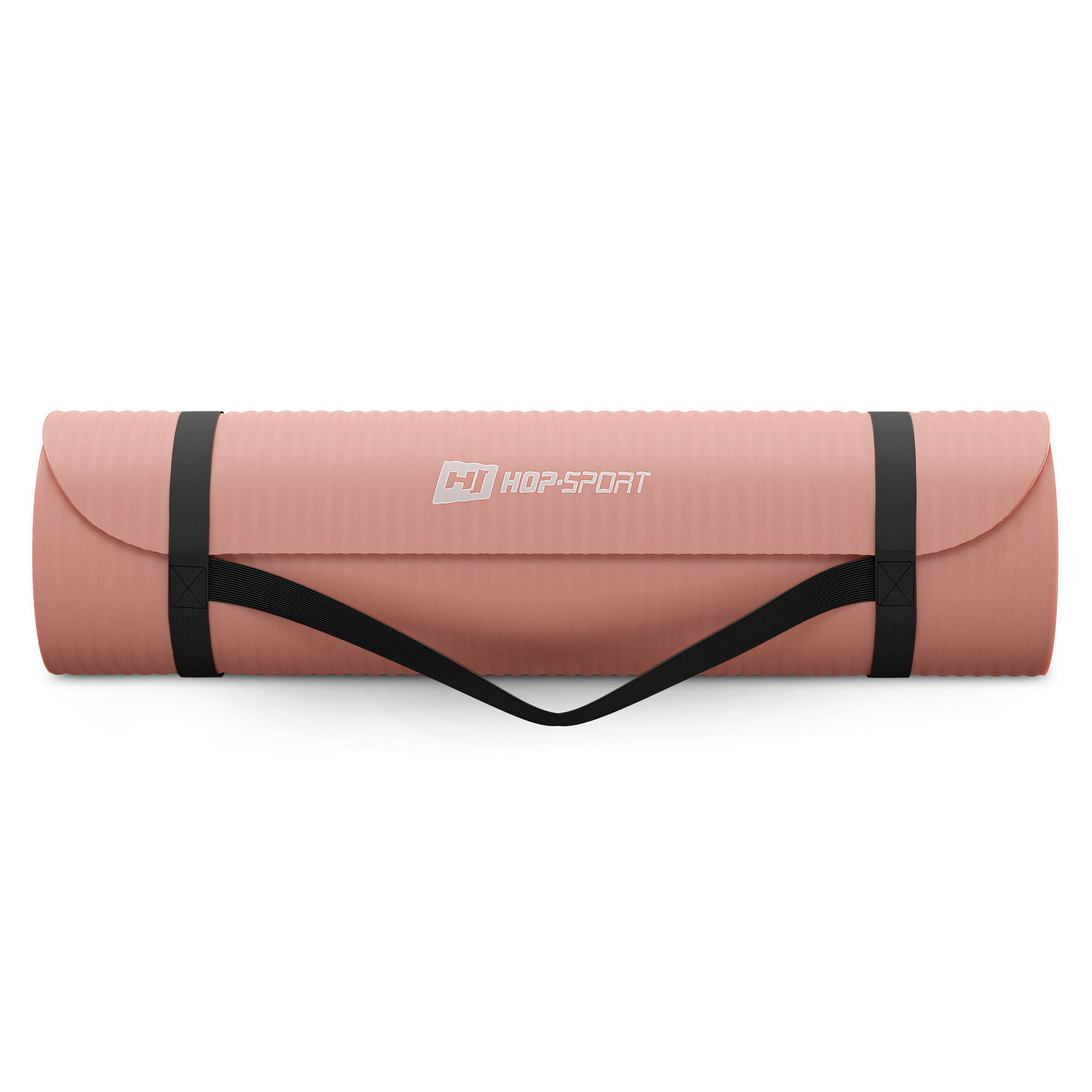 Eine zusammengerollte rosa Gymnastikmatte mit schwarzem Tragegurt und weißem Hop-Sport-Logo.